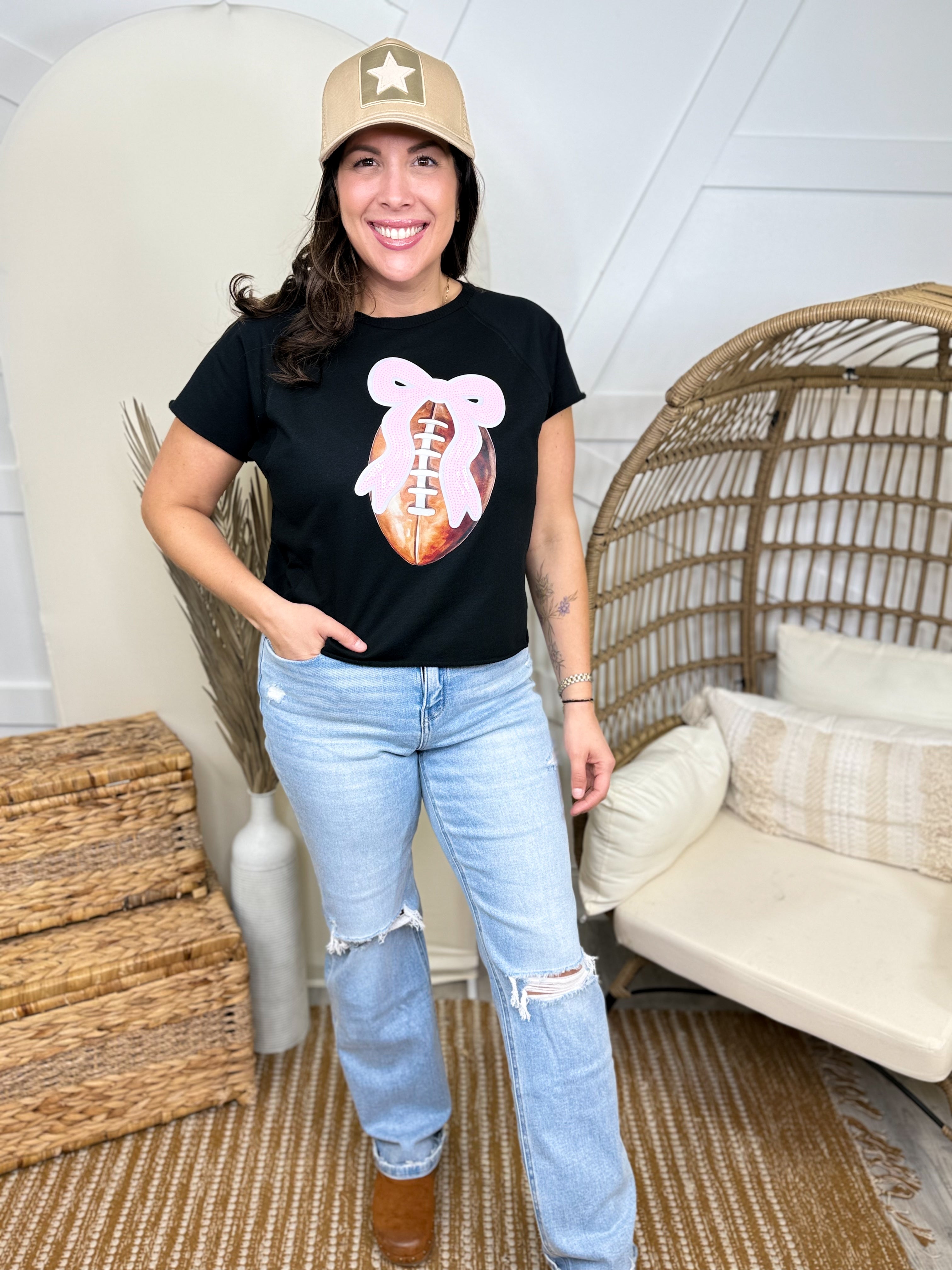 Football Sequin Bow Graphic Tee-130 Graphic Tees-SUGAR STITCH-Heathered Boho Boutique, Women's Fashion and Accessories in Palmetto, FL