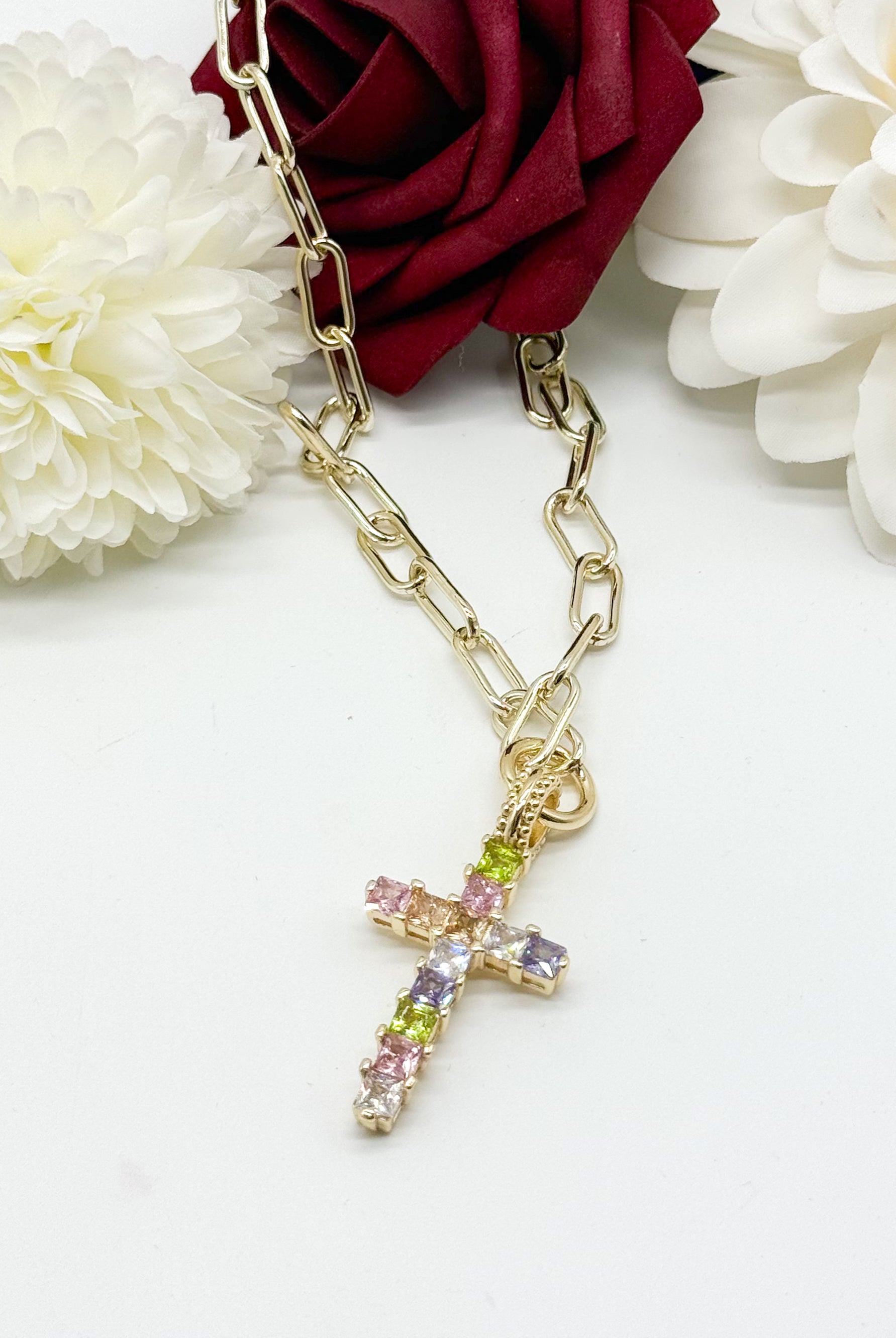 Squared Colored Gem Cross Necklace-310 Jewelry-Millenx Accessories, LLC.-Heathered Boho Boutique, Women's Fashion and Accessories in Palmetto, FL