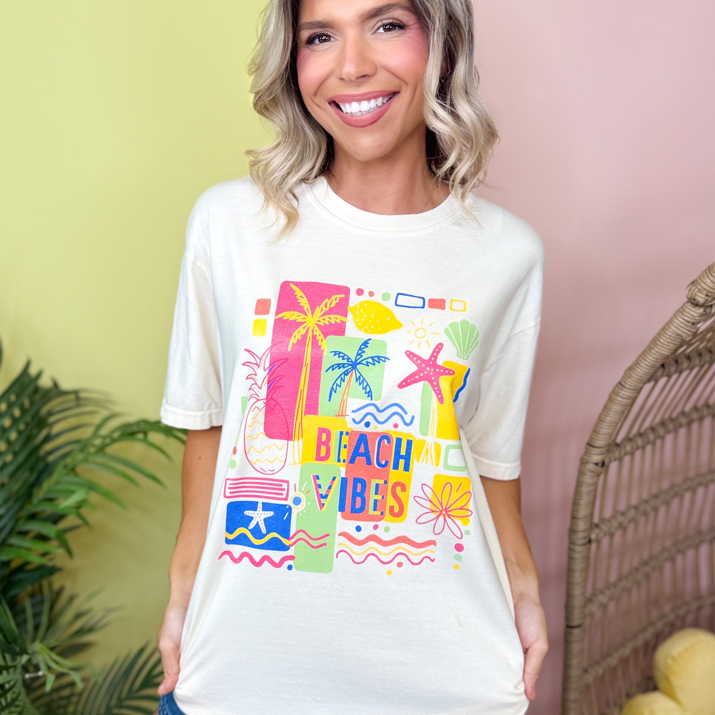 Beach Patchwork Vibes Graphic Tee-130 Graphic Tees-Heathered Boho-Heathered Boho Boutique, Women's Fashion and Accessories in Palmetto, FL