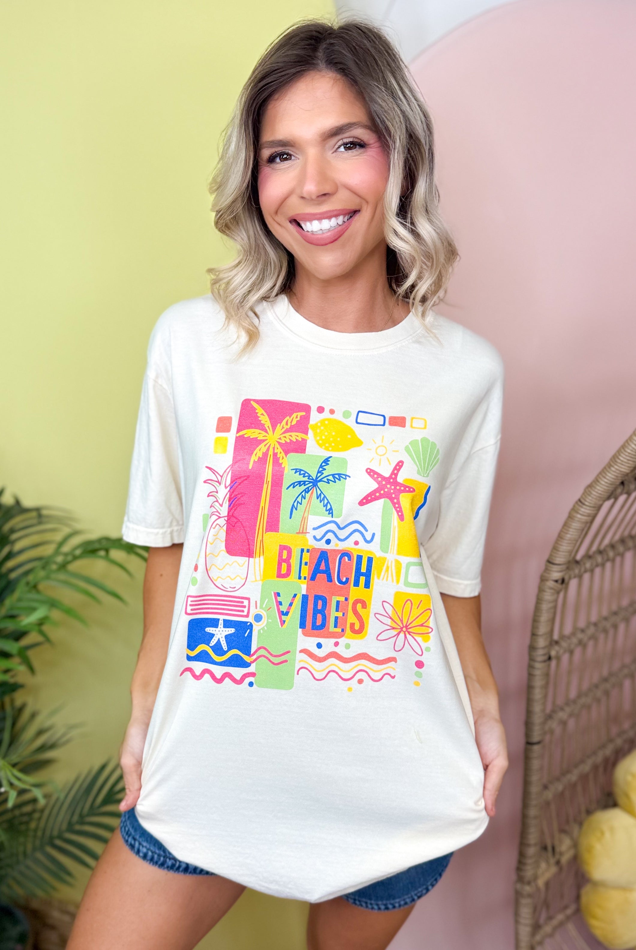Beach Patchwork Vibes Graphic Tee-130 Graphic Tees-Heathered Boho-Heathered Boho Boutique, Women's Fashion and Accessories in Palmetto, FL