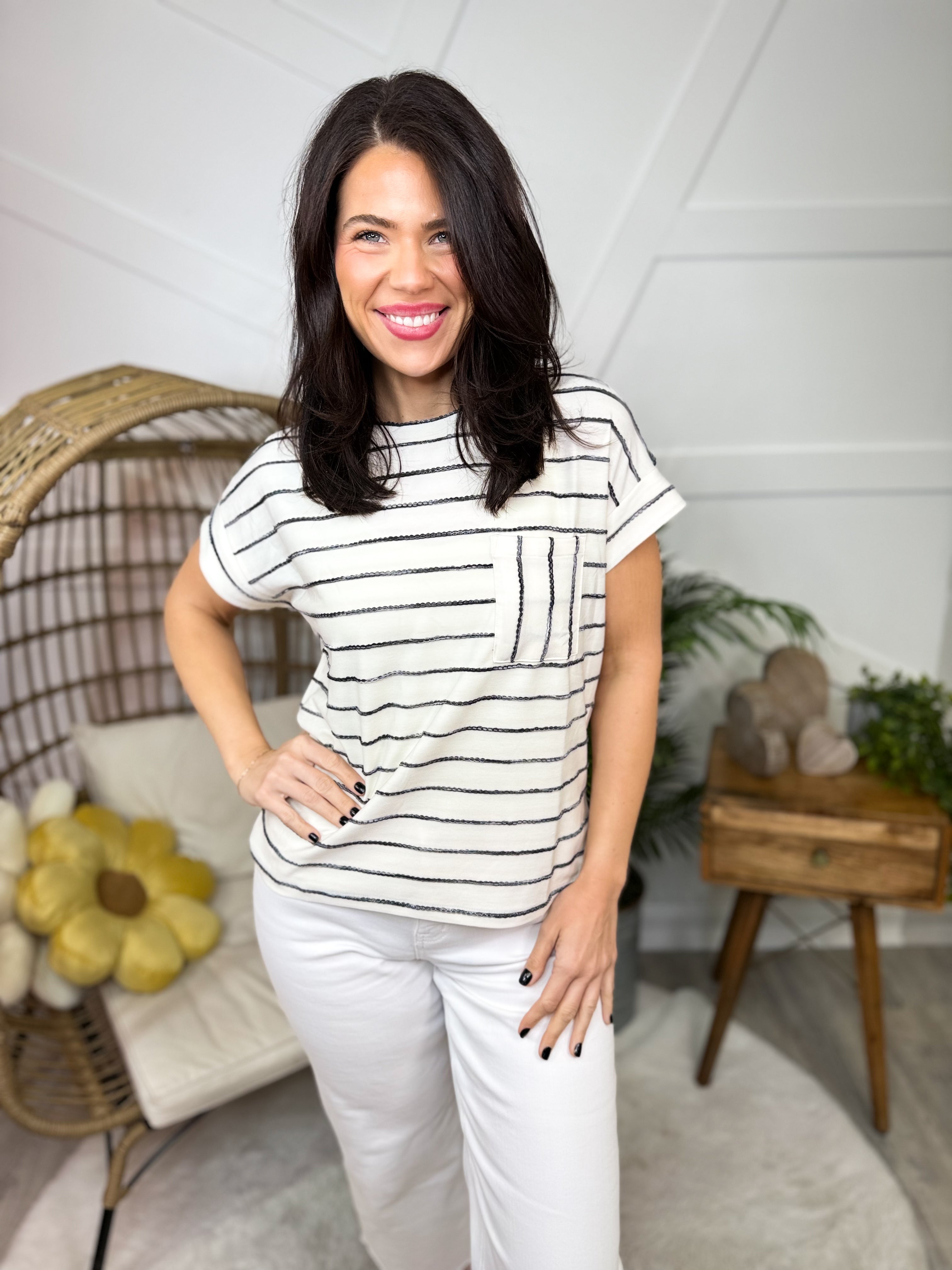 Striped Occasion Top-110 SHORT SLEEVE TOP-SEW IN LOVE-Heathered Boho Boutique, Women's Fashion and Accessories in Palmetto, FL