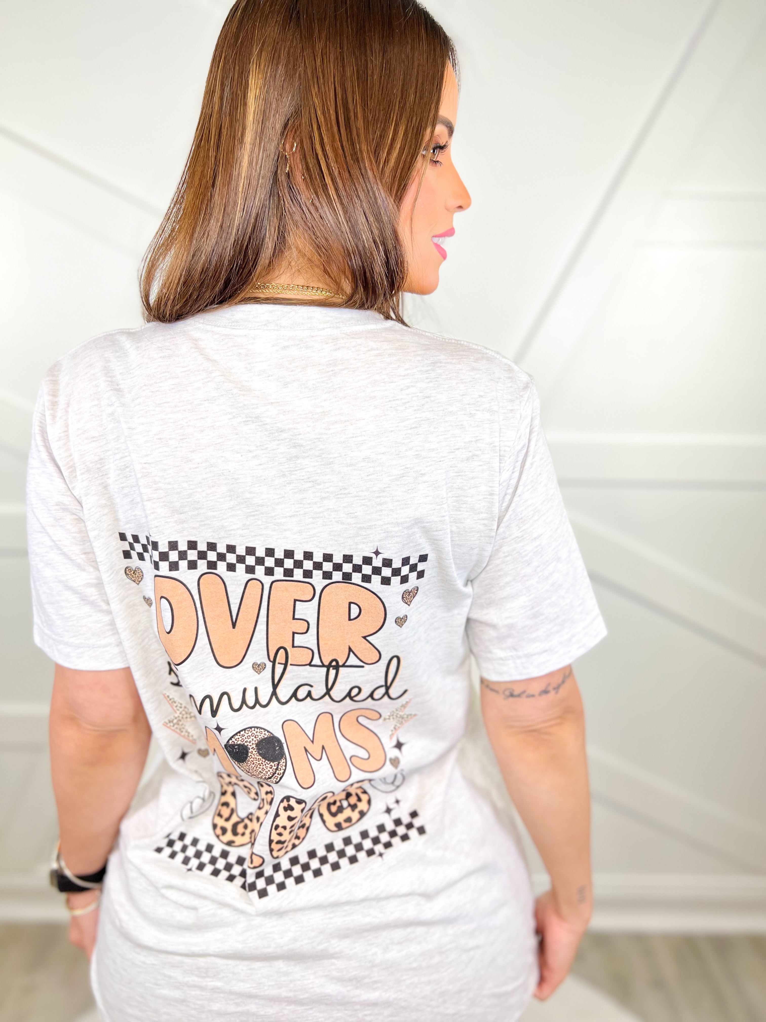 Overstimulated Mom Smiley Graphic Tee-130 Graphic Tees-Heathered Boho-Heathered Boho Boutique, Women's Fashion and Accessories in Palmetto, FL