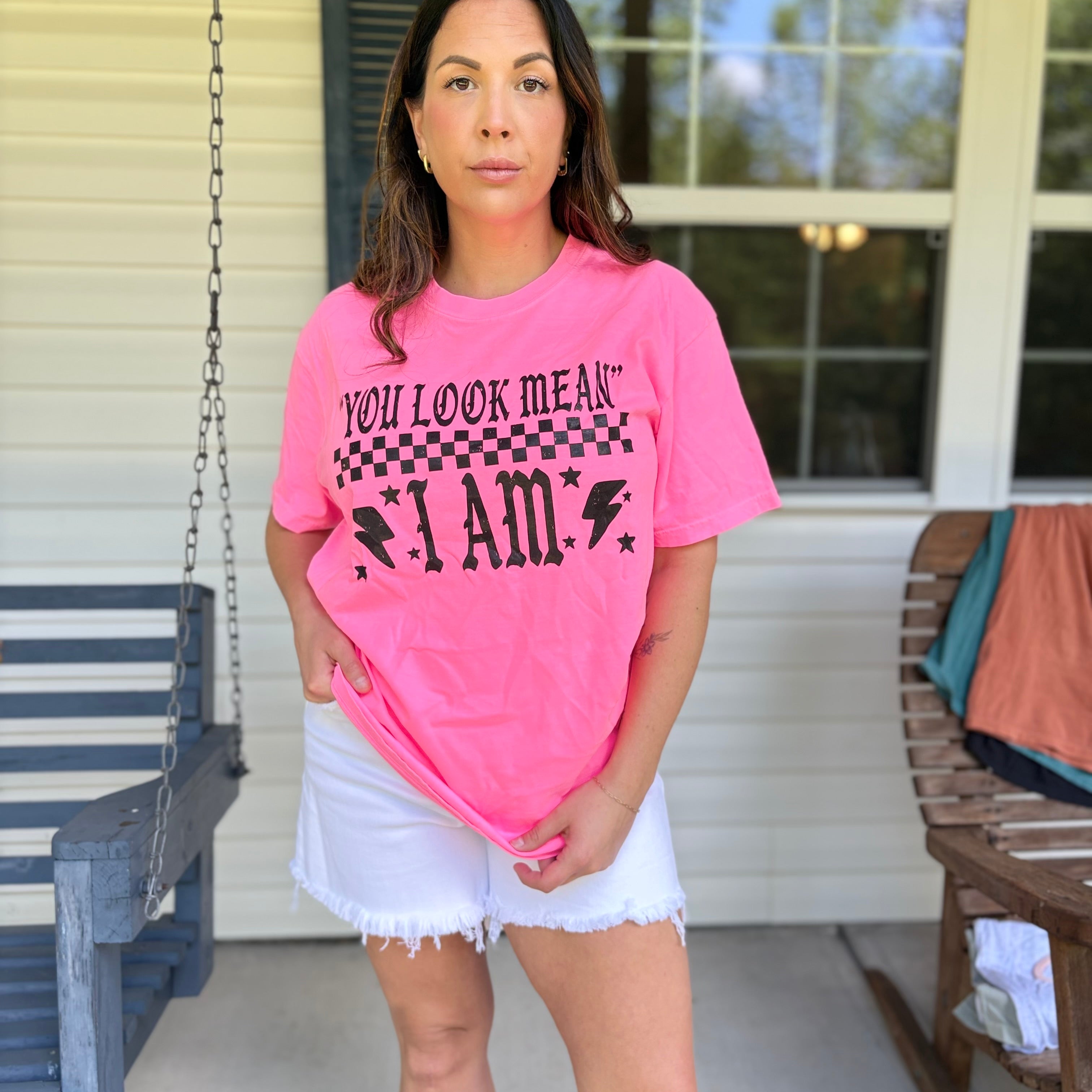 You Look Mean Graphic Tee - Neon Pink-130 Graphic Tees-Heathered Boho-Heathered Boho Boutique, Women's Fashion and Accessories in Palmetto, FL