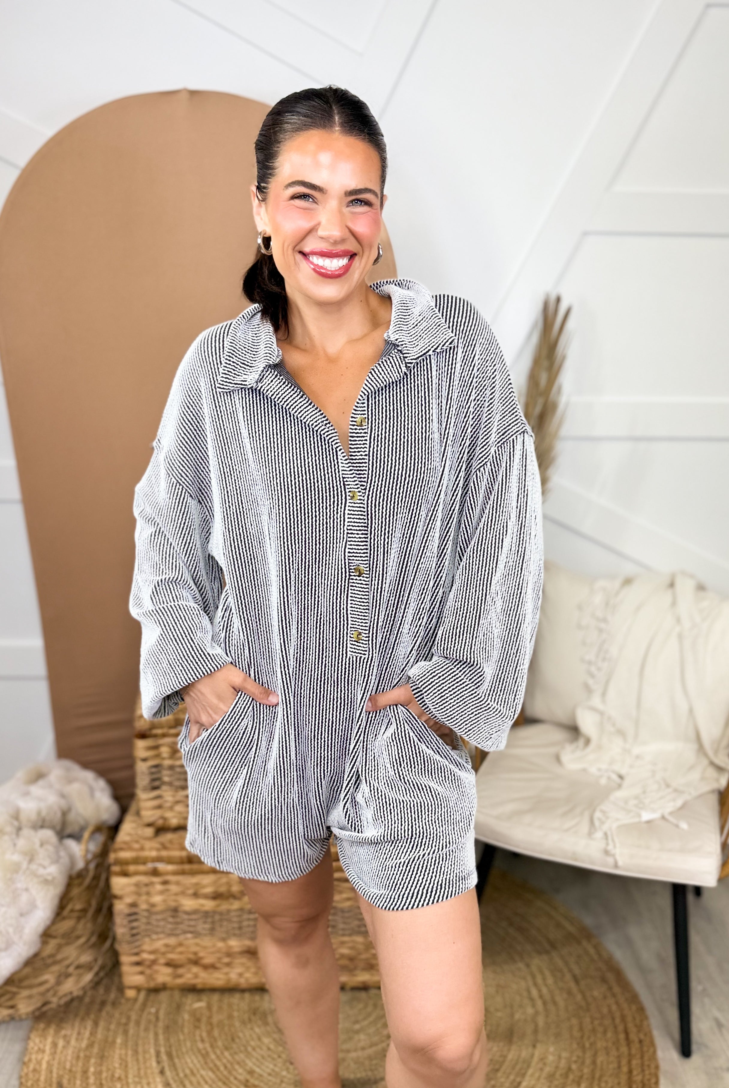 Uptown Romper-230 DRESSES/JUMPSUITS/ROMPERS-Bucketlist-Heathered Boho Boutique, Women's Fashion and Accessories in Palmetto, FL