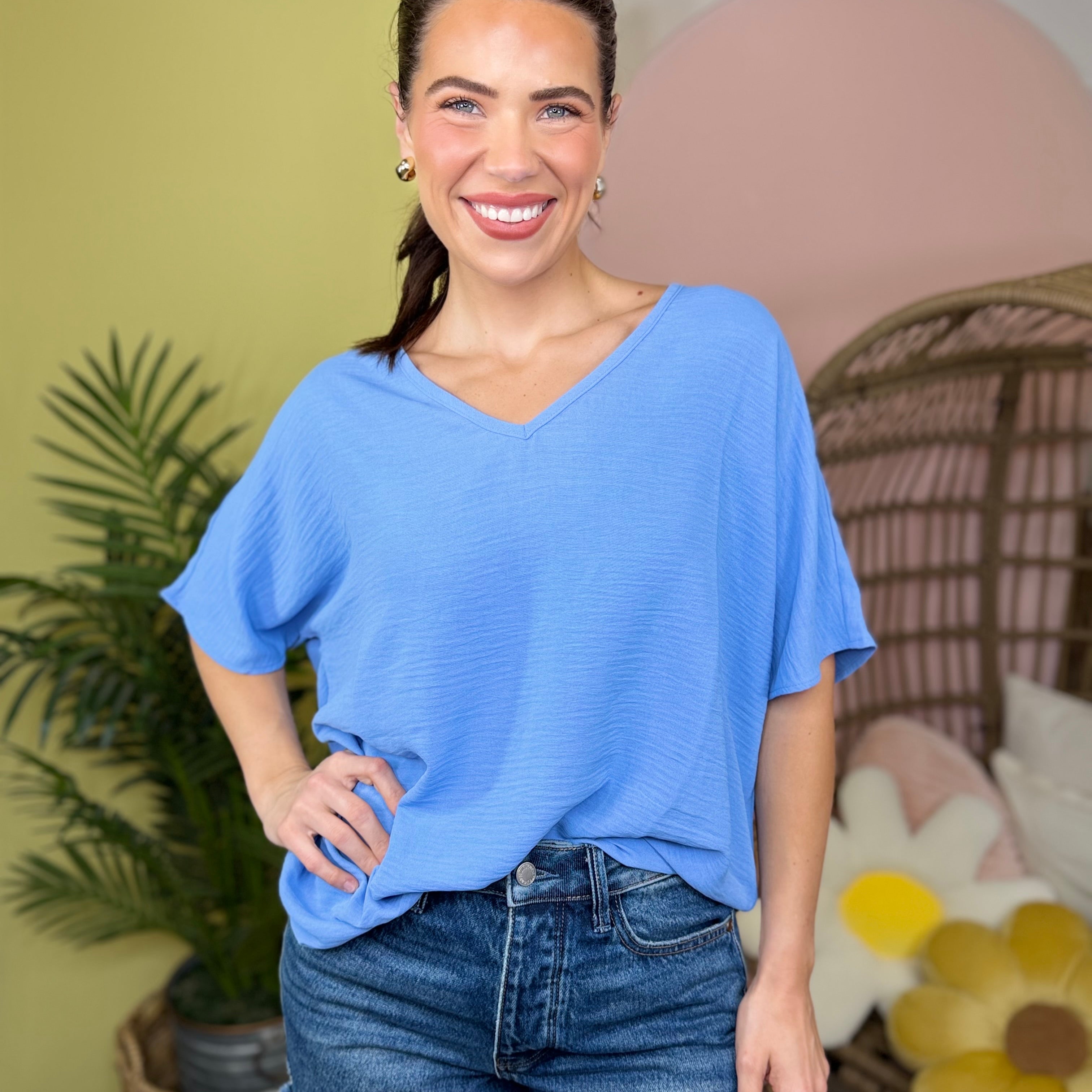 Breezy Days V-Neck Top-110 SHORT SLEEVE TOP-ZENANA-Heathered Boho Boutique, Women's Fashion and Accessories in Palmetto, FL