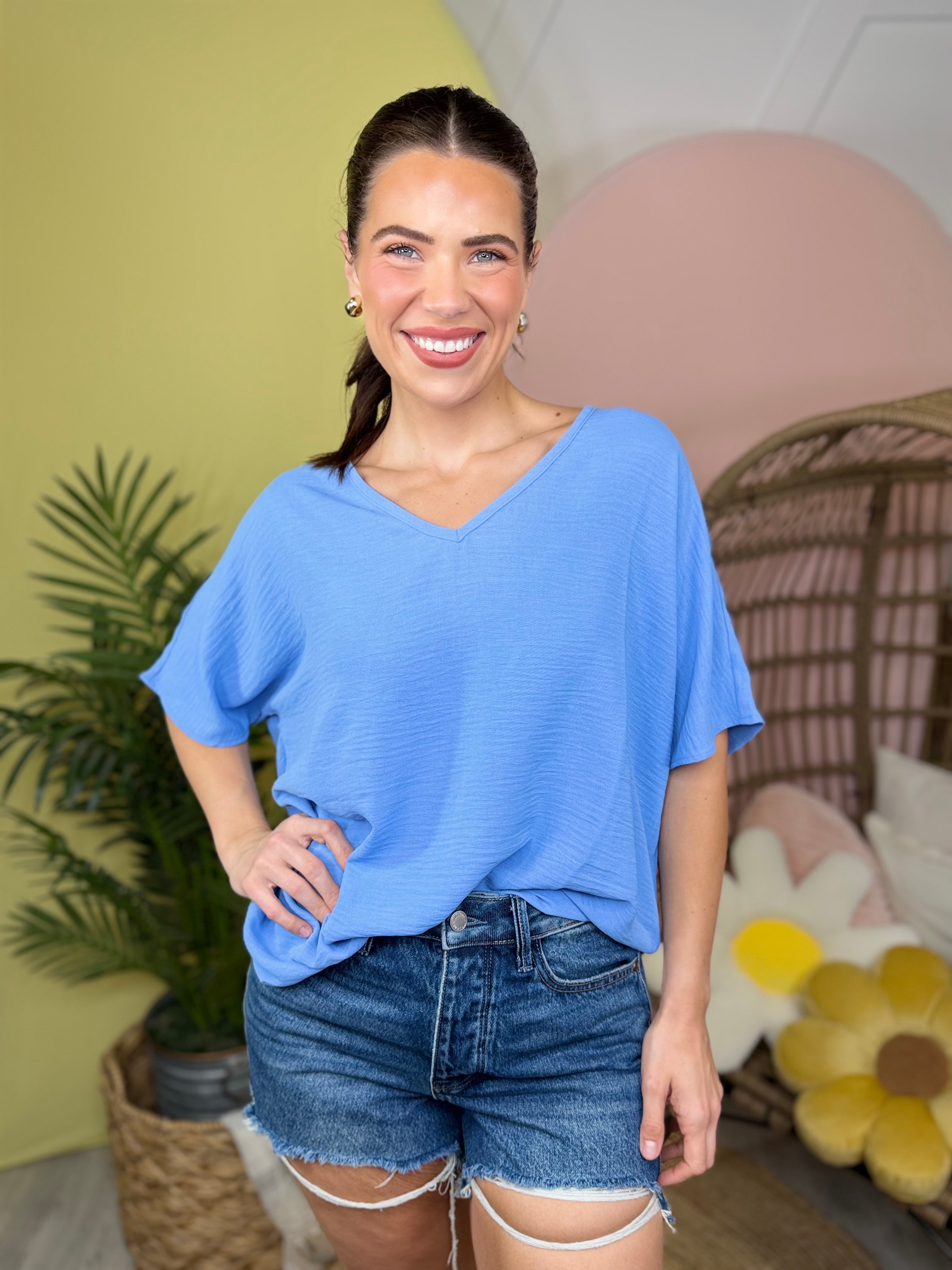 Breezy Days V-Neck Top-110 SHORT SLEEVE TOP-ZENANA-Heathered Boho Boutique, Women's Fashion and Accessories in Palmetto, FL