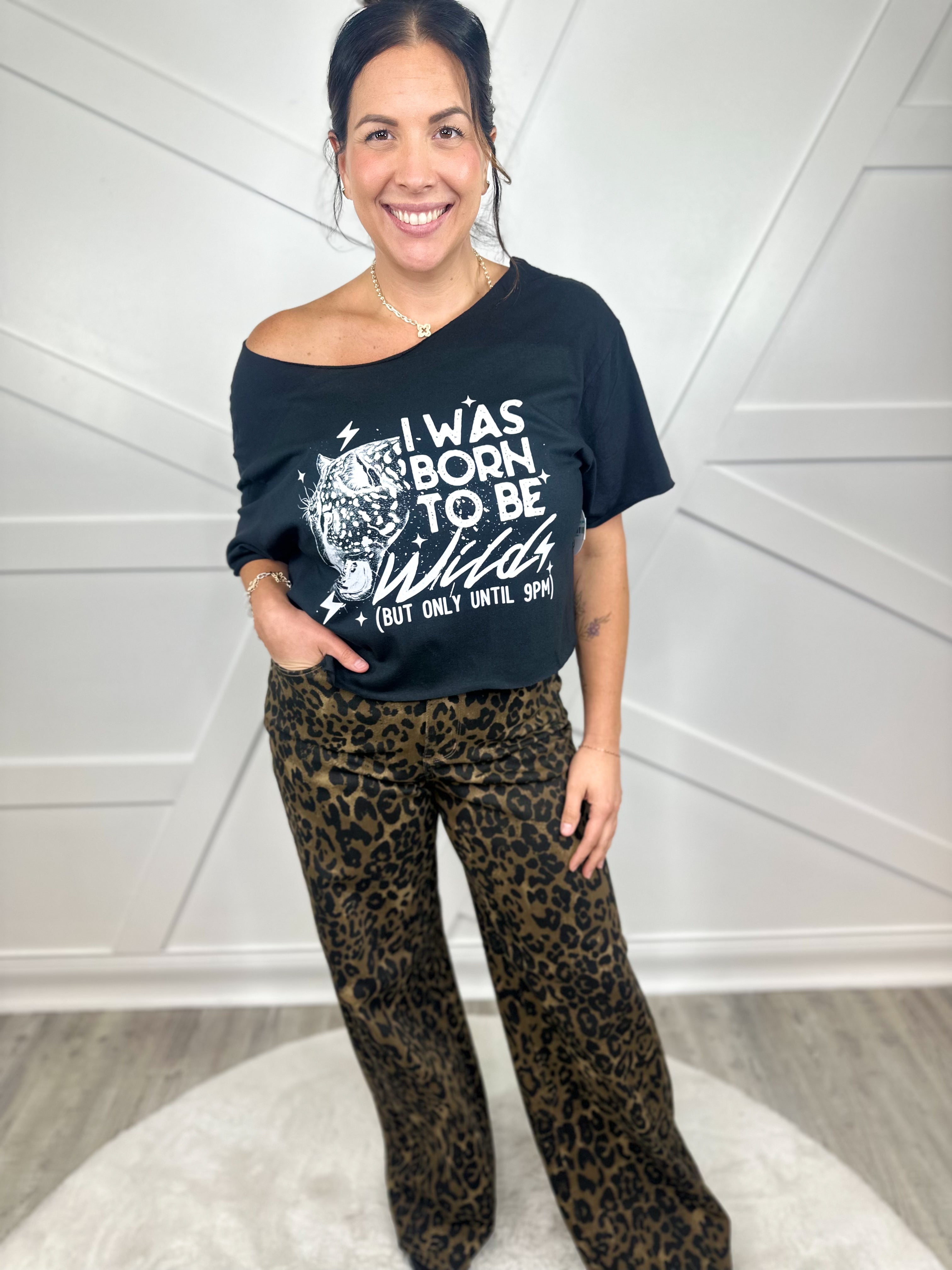 Custom Cropped Wild Until 9 Graphic Tee- White Text-130 Graphic Tees-Heathered Boho-Heathered Boho Boutique, Women's Fashion and Accessories in Palmetto, FL