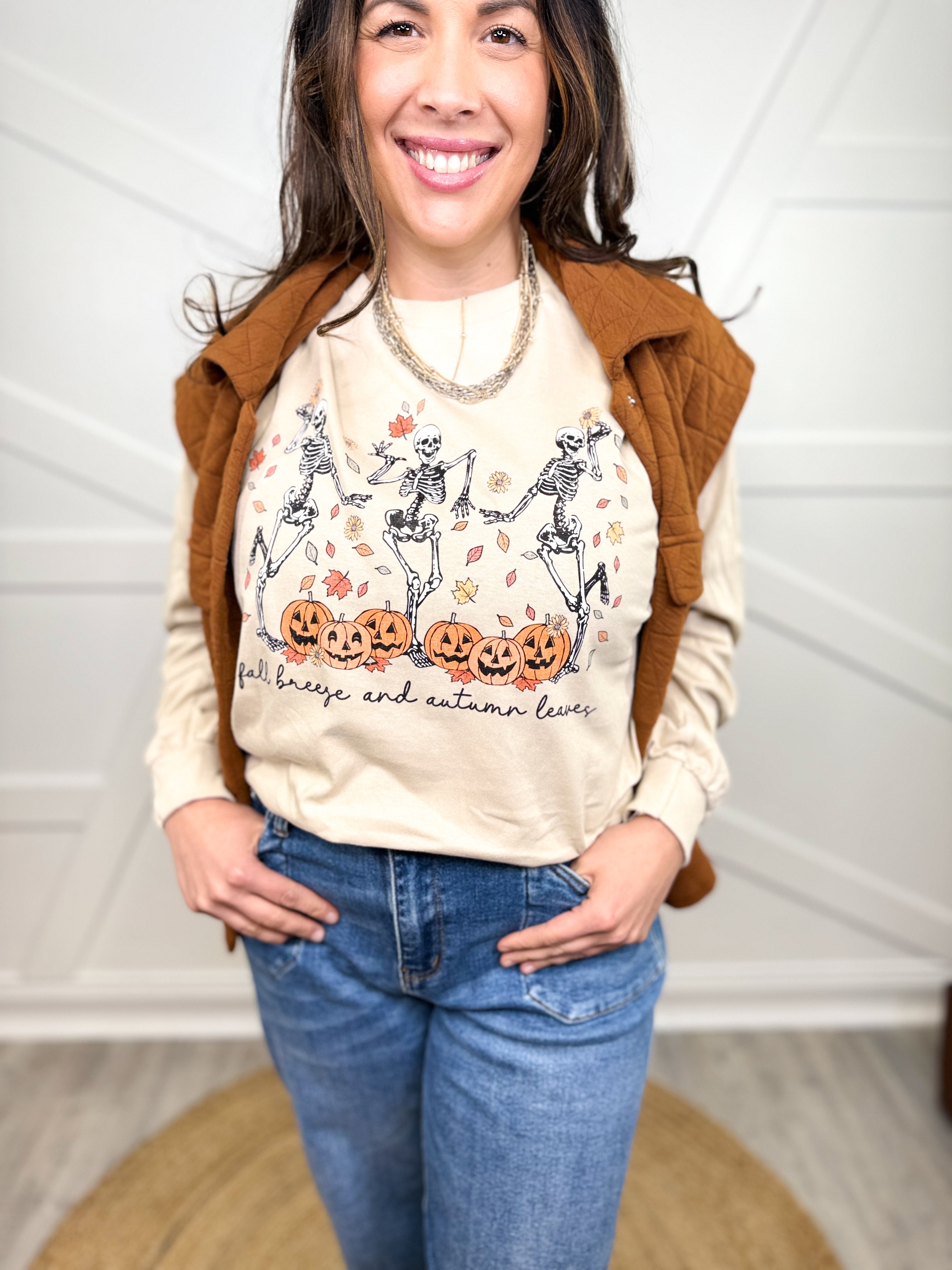 Dancing Skelly Trio Graphic Long Sleeve-130 Graphic Tees-Heathered Boho-Heathered Boho Boutique, Women's Fashion and Accessories in Palmetto, FL