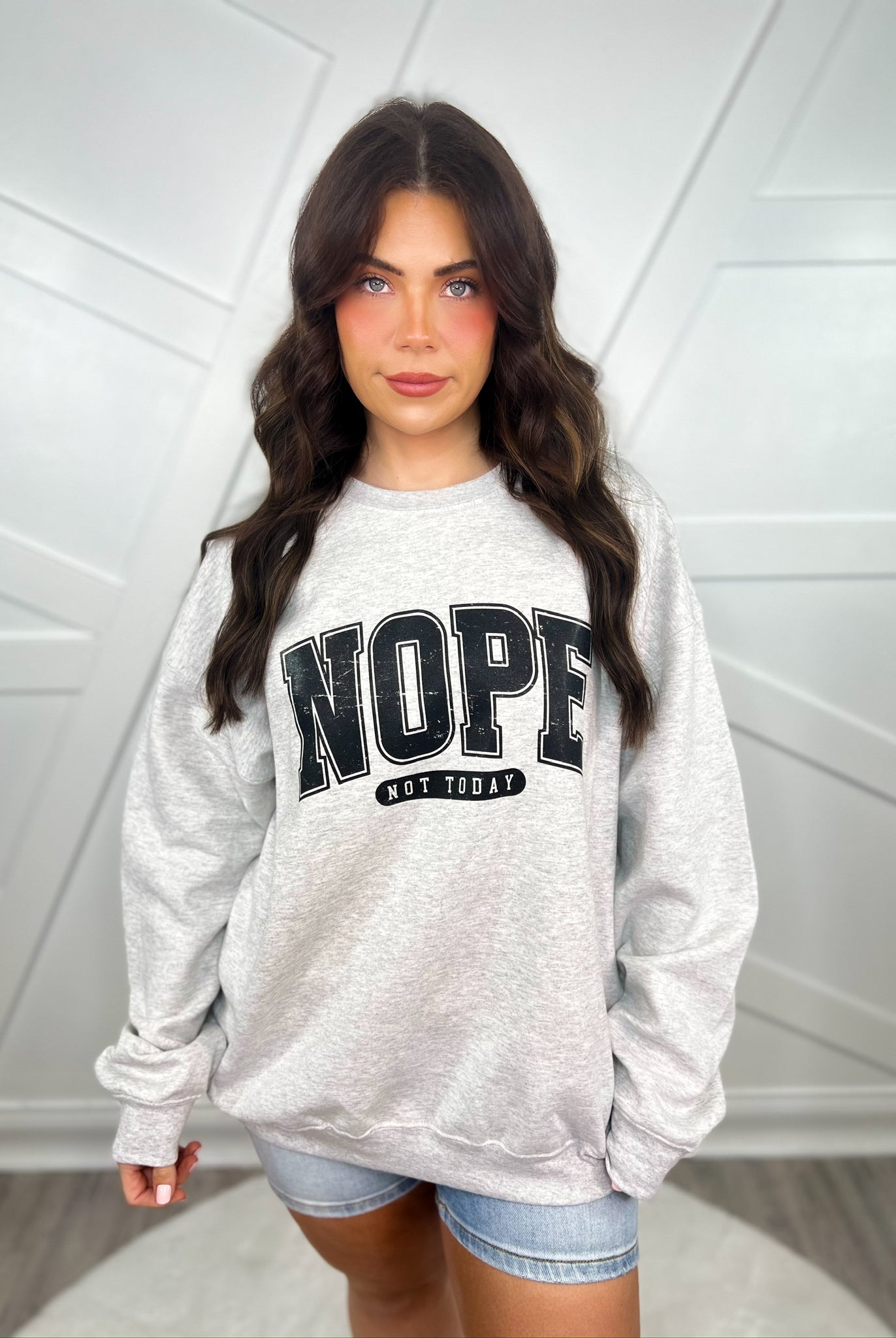NOPE Not Today Graphic Crewneck Sweatshirt-130 Graphic Tees-Heathered Boho-Heathered Boho Boutique, Women's Fashion and Accessories in Palmetto, FL