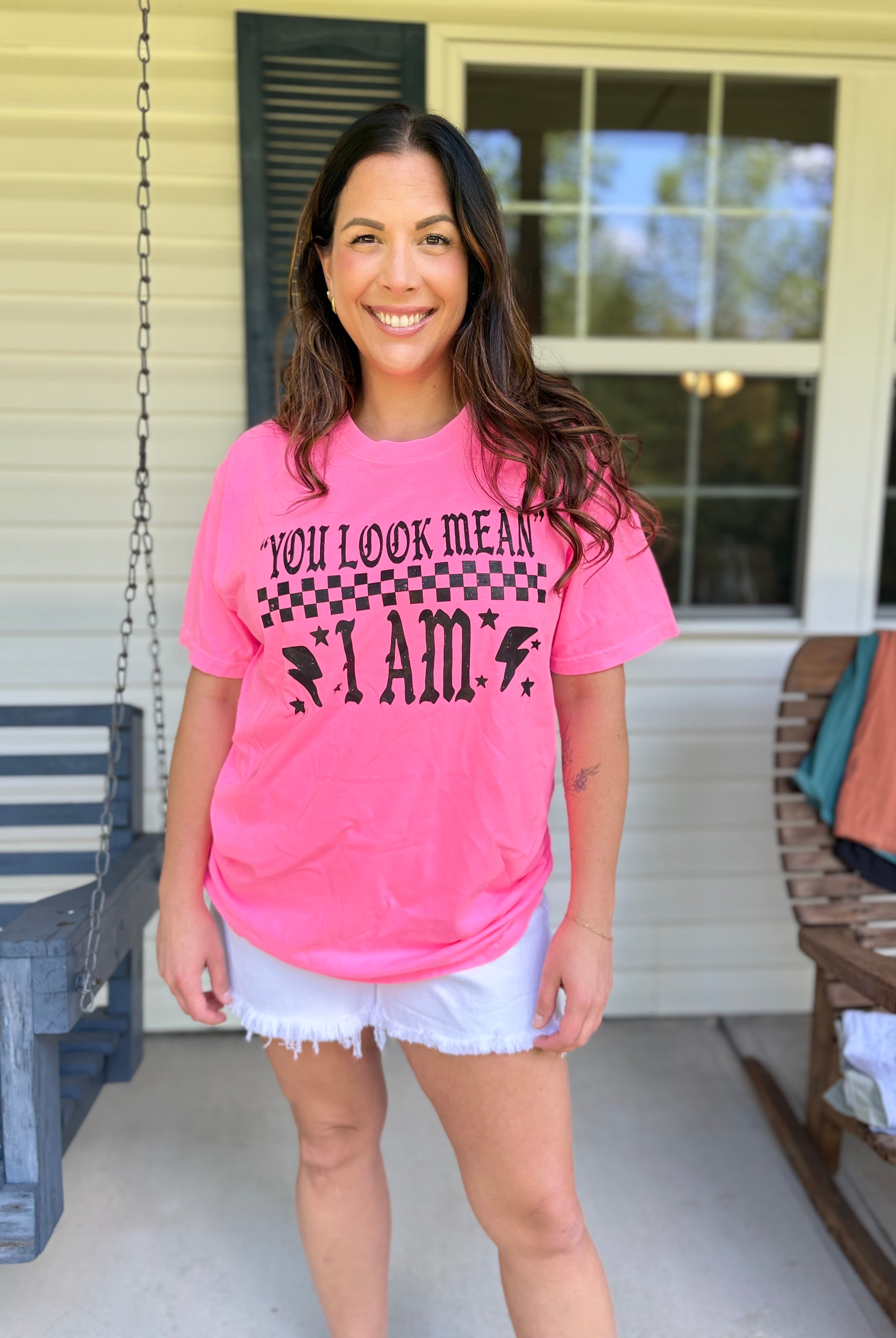 You Look Mean Graphic Tee - Neon Pink-130 Graphic Tees-Heathered Boho-Heathered Boho Boutique, Women's Fashion and Accessories in Palmetto, FL