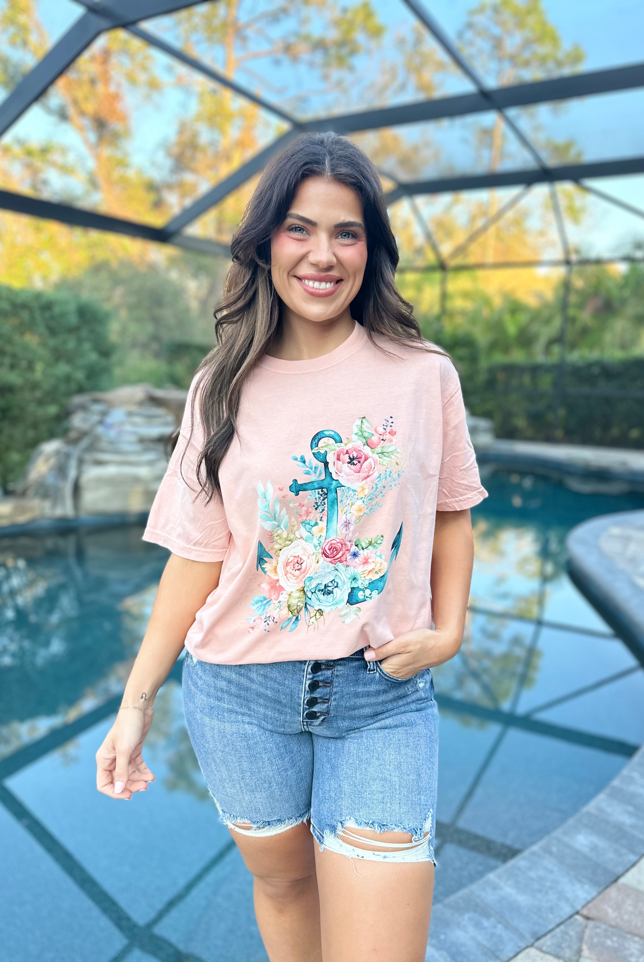 Floral Anchor Graphic Tee - Peachy-130 Graphic Tees-Heathered Boho-Heathered Boho Boutique, Women's Fashion and Accessories in Palmetto, FL