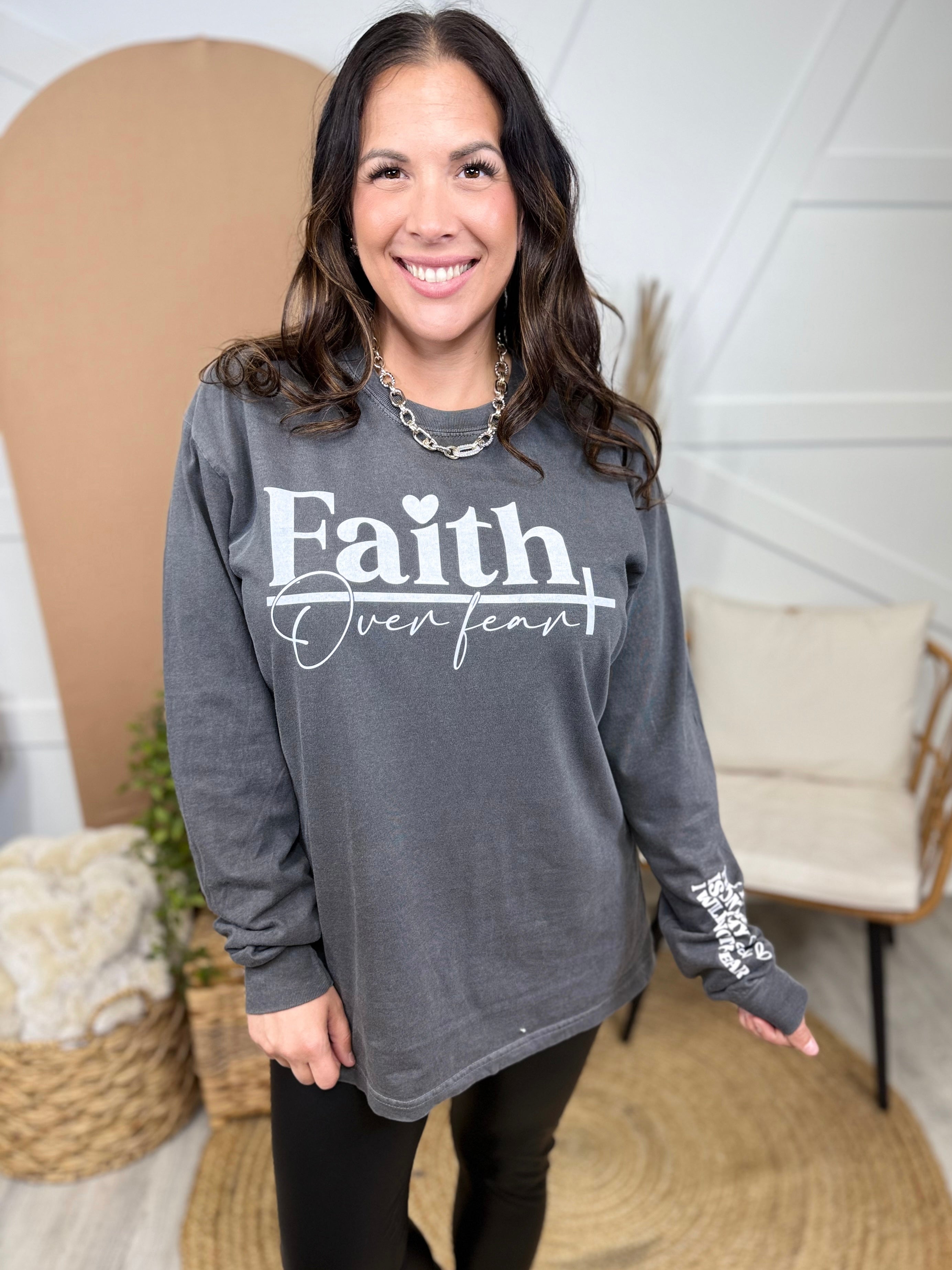 Will Not Fear-White Text-Graphic Long Sleeve-130 Graphic Tees-Heathered Boho-Heathered Boho Boutique, Women's Fashion and Accessories in Palmetto, FL