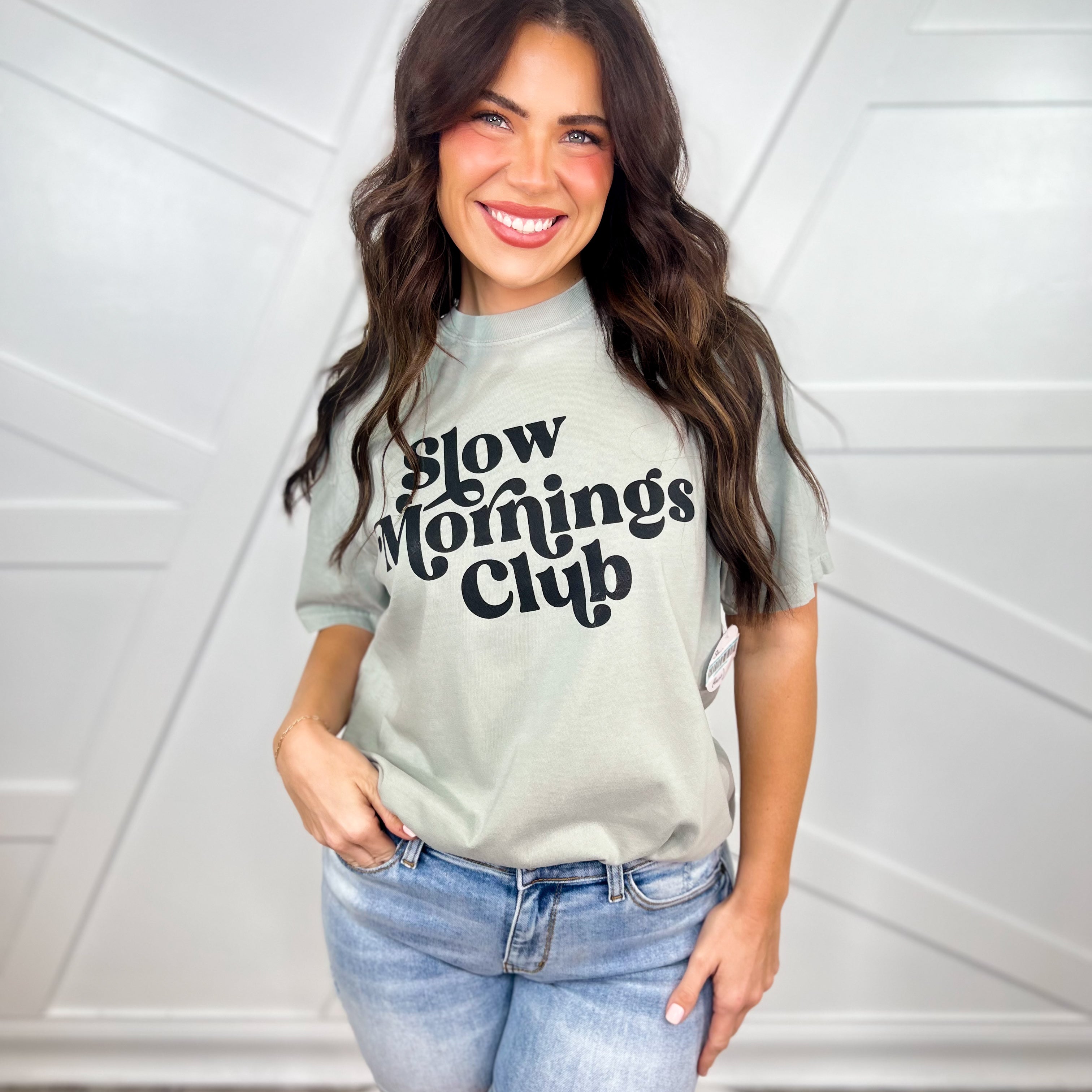 Slow Mornings Club Custom Cut Graphic Tee-130 Graphic Tees-Heathered Boho-Heathered Boho Boutique, Women's Fashion and Accessories in Palmetto, FL