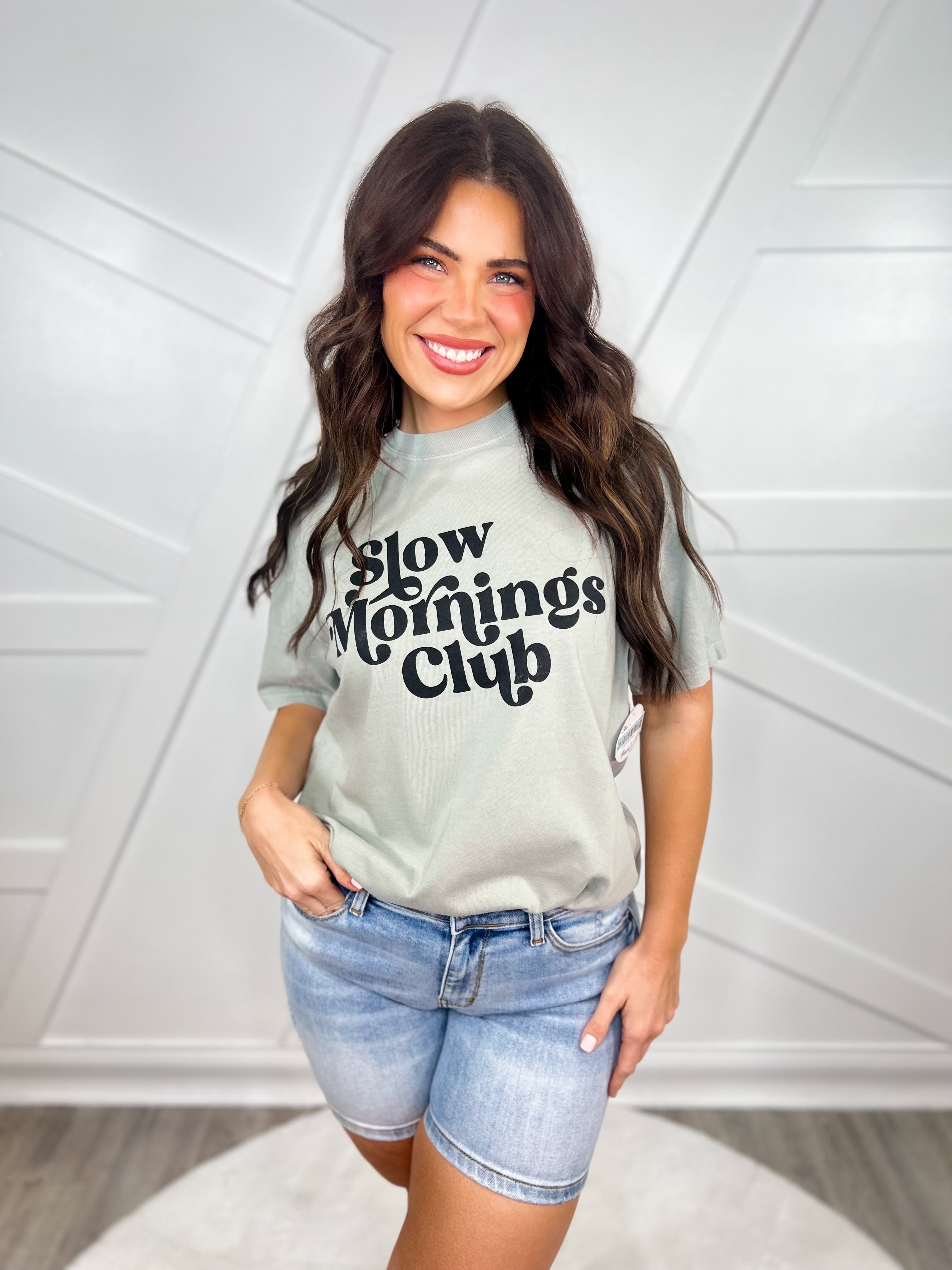 Slow Mornings Club Custom Cut Graphic Tee-130 Graphic Tees-Heathered Boho-Heathered Boho Boutique, Women's Fashion and Accessories in Palmetto, FL