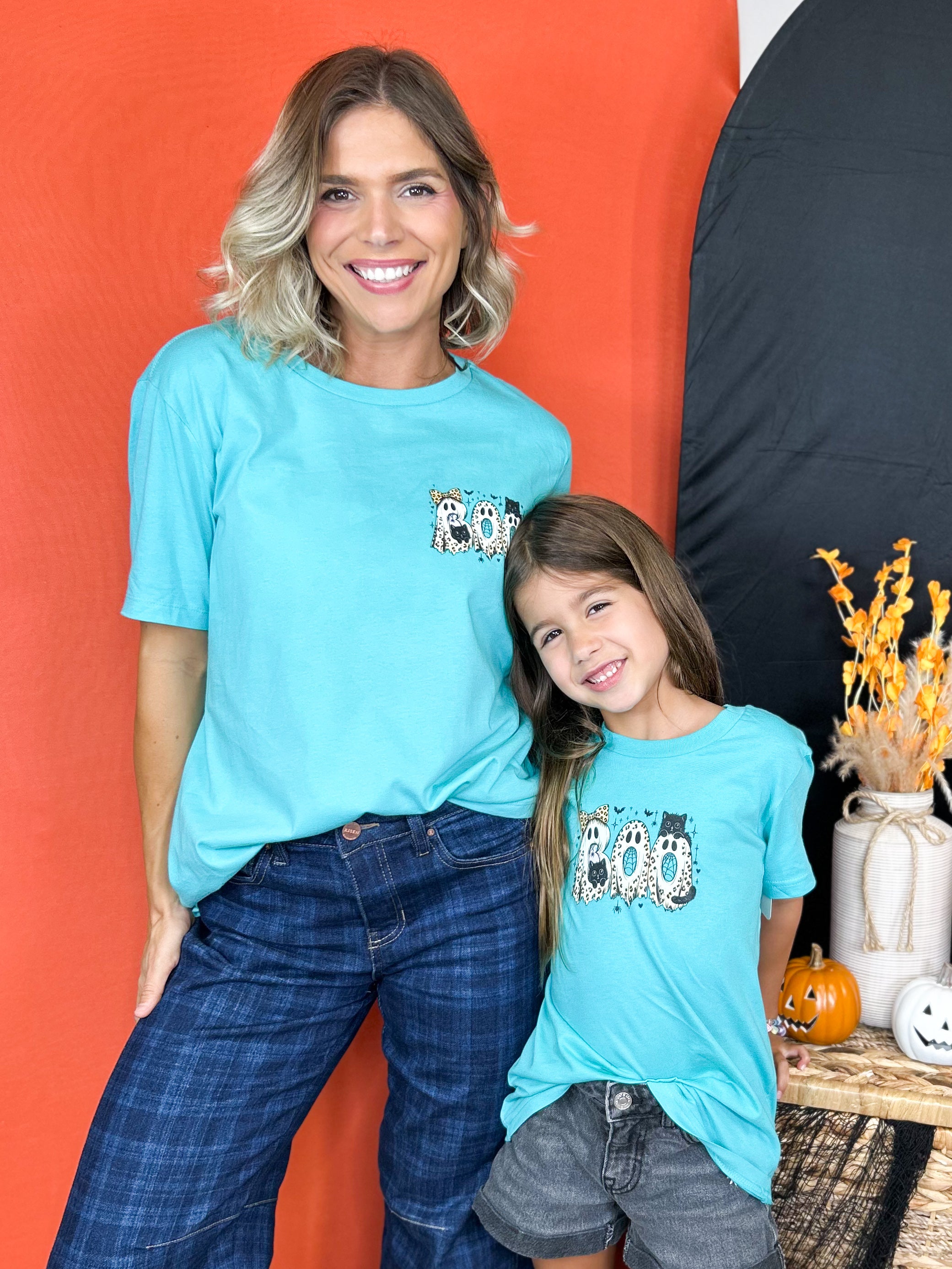 Leopard Ghost & Cat with Boo Pocket Graphic Tee-130 Graphic Tees-Heathered Boho-Heathered Boho Boutique, Women's Fashion and Accessories in Palmetto, FL