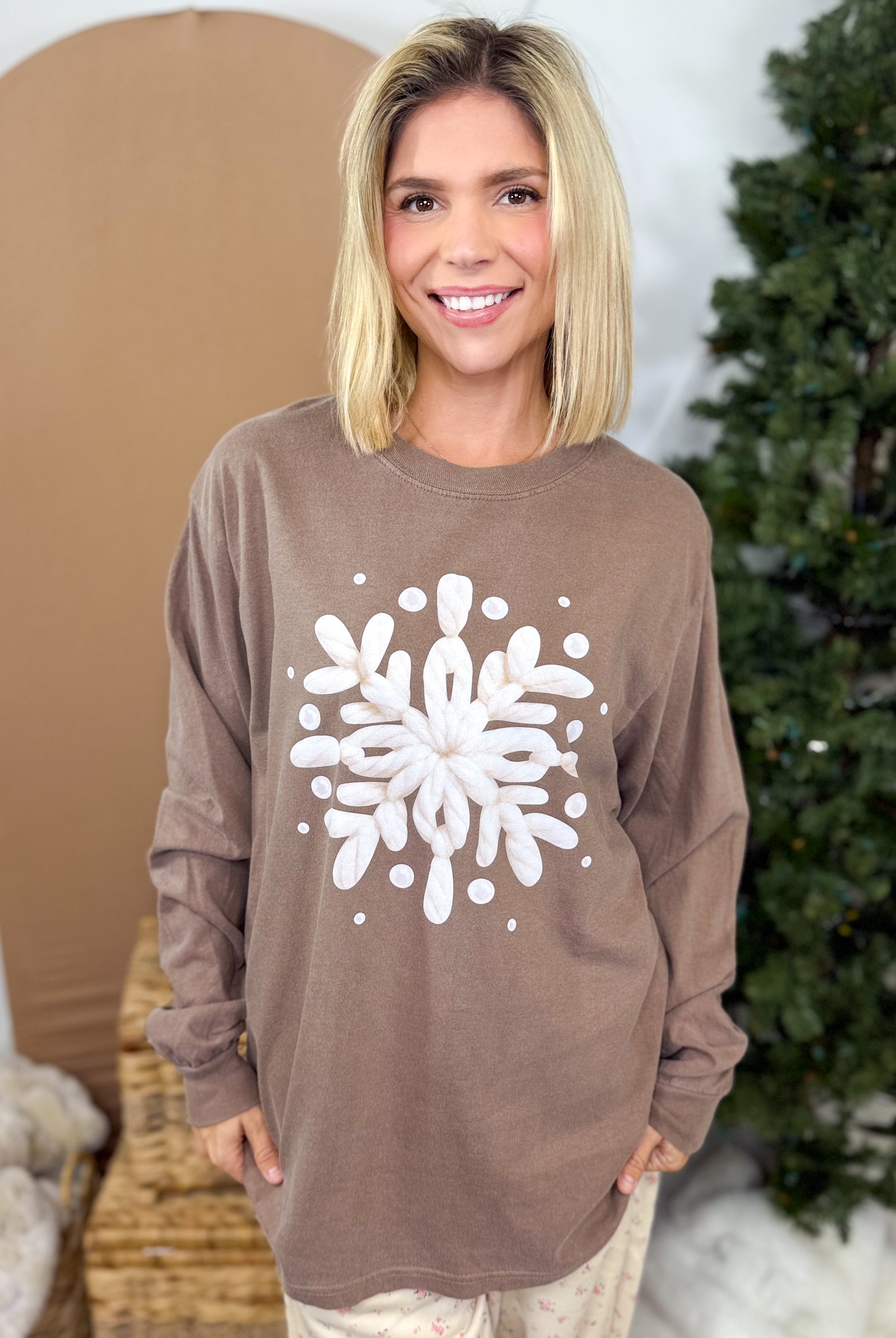 Yarned Snowflake Graphic Long Sleeve-Espresso-125 Sweater-Heathered Boho-Heathered Boho Boutique, Women's Fashion and Accessories in Palmetto, FL
