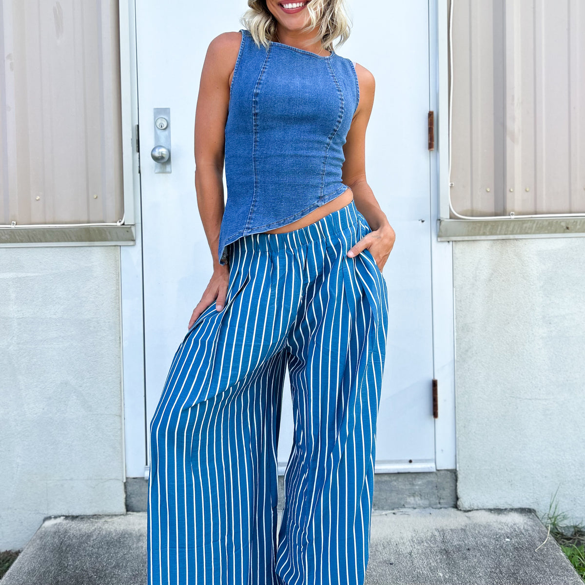 Ocean Striped Palazzo Pants-150 PANTS-HEIMISH-Heathered Boho Boutique, Women's Fashion and Accessories in Palmetto, FL