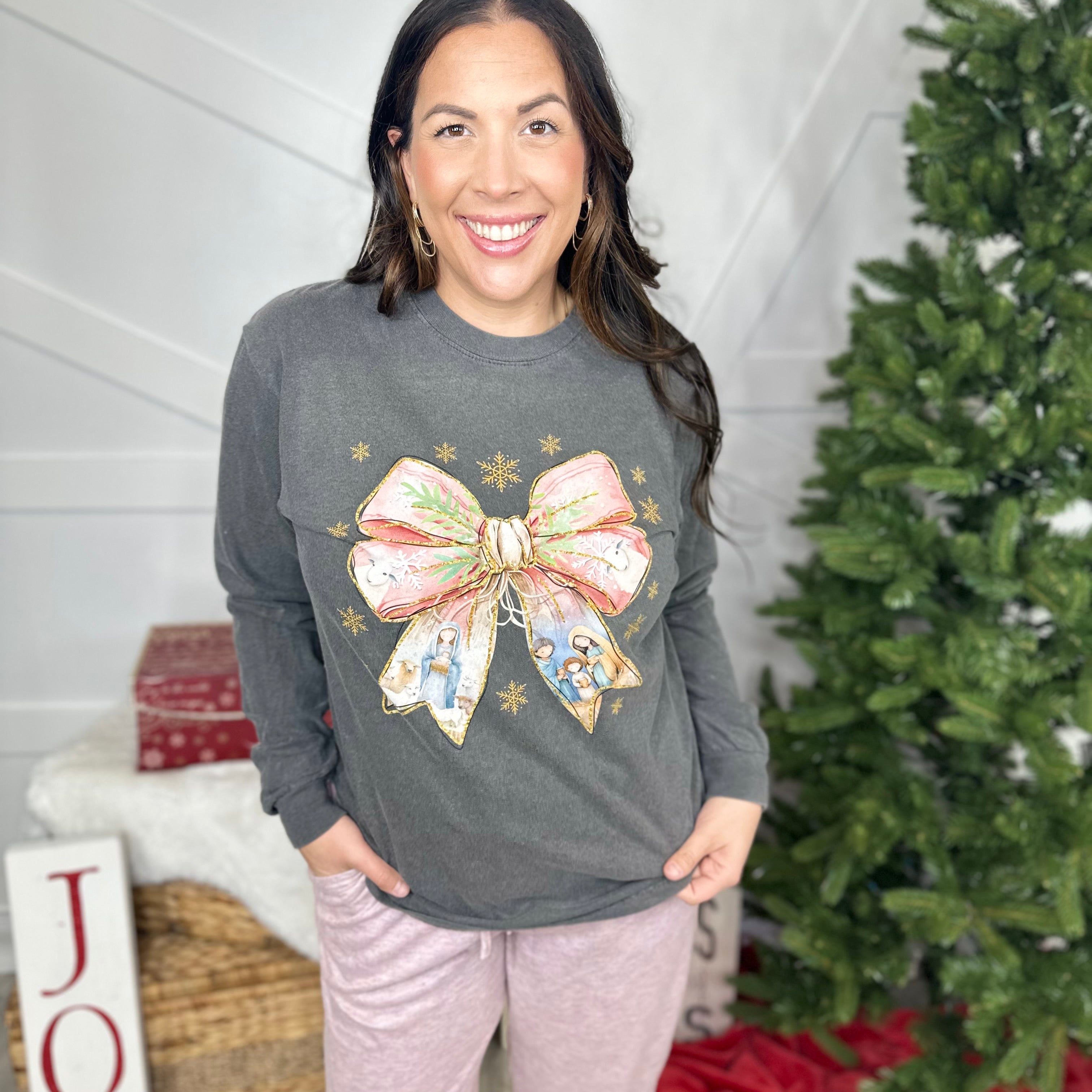 Nativity Bow Graphic Long Sleeve-120 Long Sleeve Tops-Heathered Boho-Heathered Boho Boutique, Women's Fashion and Accessories in Palmetto, FL