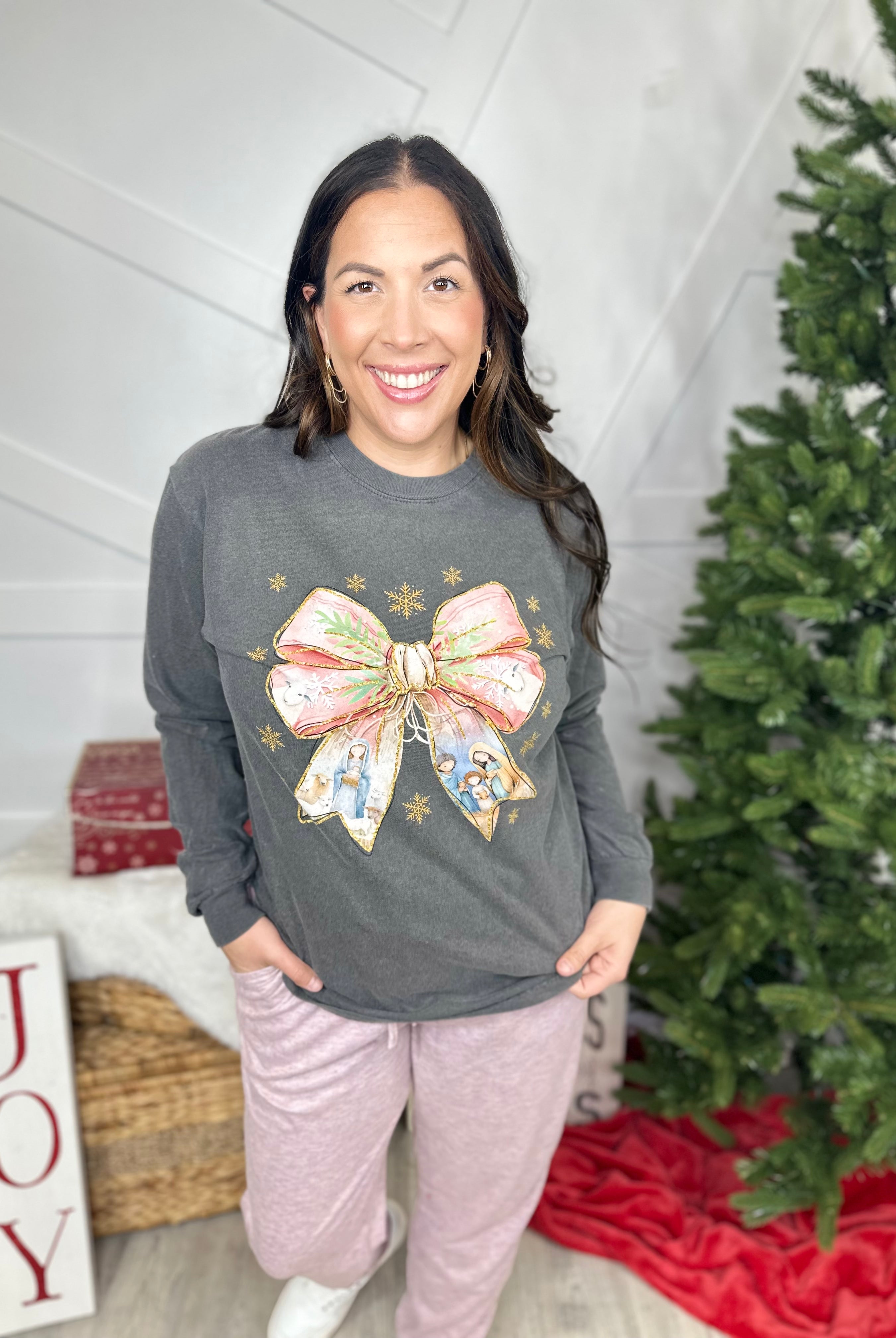 Nativity Bow Graphic Long Sleeve-120 Long Sleeve Tops-Heathered Boho-Heathered Boho Boutique, Women's Fashion and Accessories in Palmetto, FL