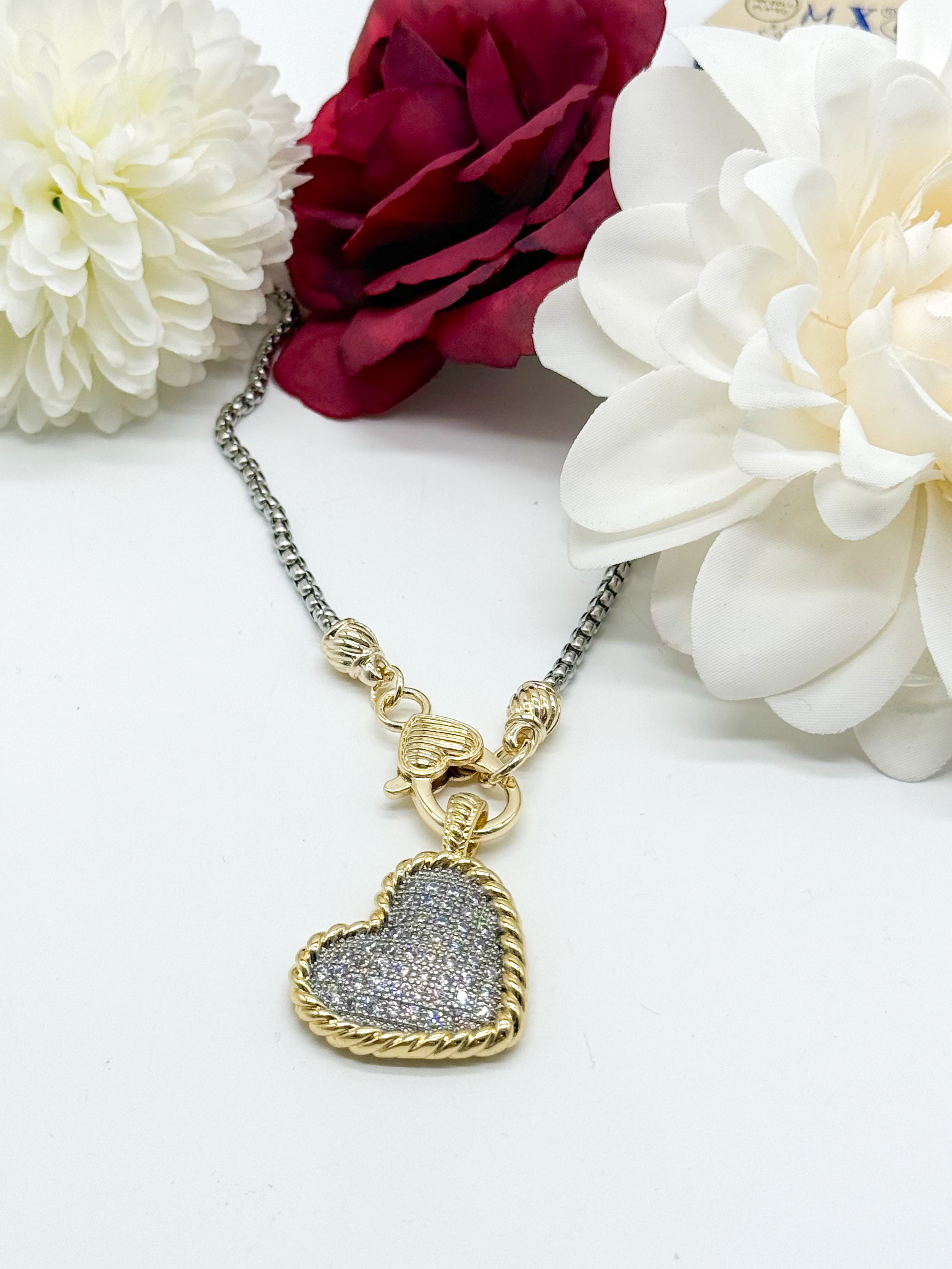 Two-Tone Pave Heart Necklace-310 Jewelry-Millenx Accessories, LLC.-Heathered Boho Boutique, Women's Fashion and Accessories in Palmetto, FL