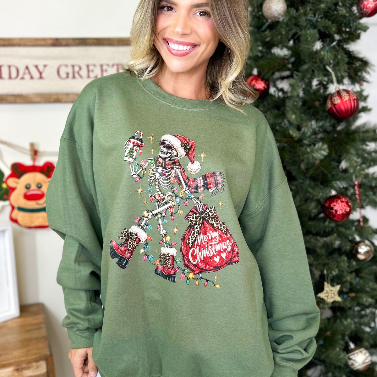 Funny Christmas Skeleton Graphic Sweatshirt-130 Graphic Tees-Heathered Boho-Heathered Boho Boutique, Women's Fashion and Accessories in Palmetto, FL