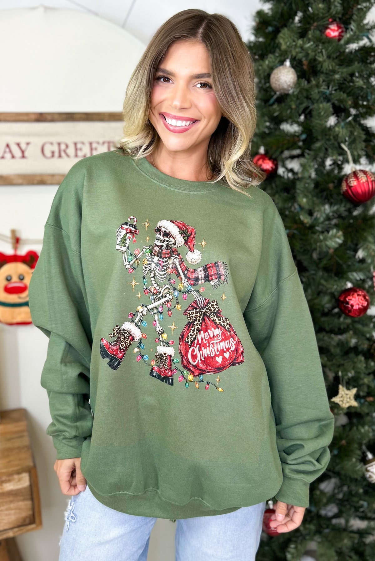 Funny Christmas Skeleton Graphic Sweatshirt-130 Graphic Tees-Heathered Boho-Heathered Boho Boutique, Women's Fashion and Accessories in Palmetto, FL