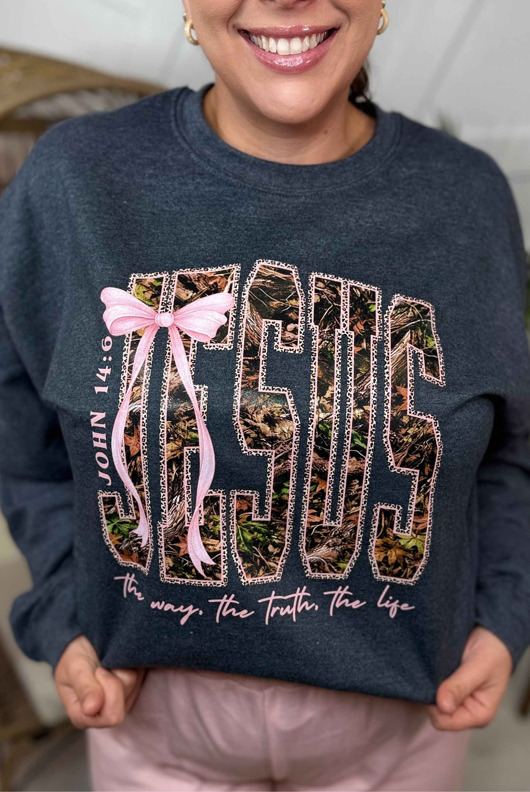 Camo Jesus Graphic Sweatshirt-130 Graphic Tees-Heathered Boho-Heathered Boho Boutique, Women's Fashion and Accessories in Palmetto, FL