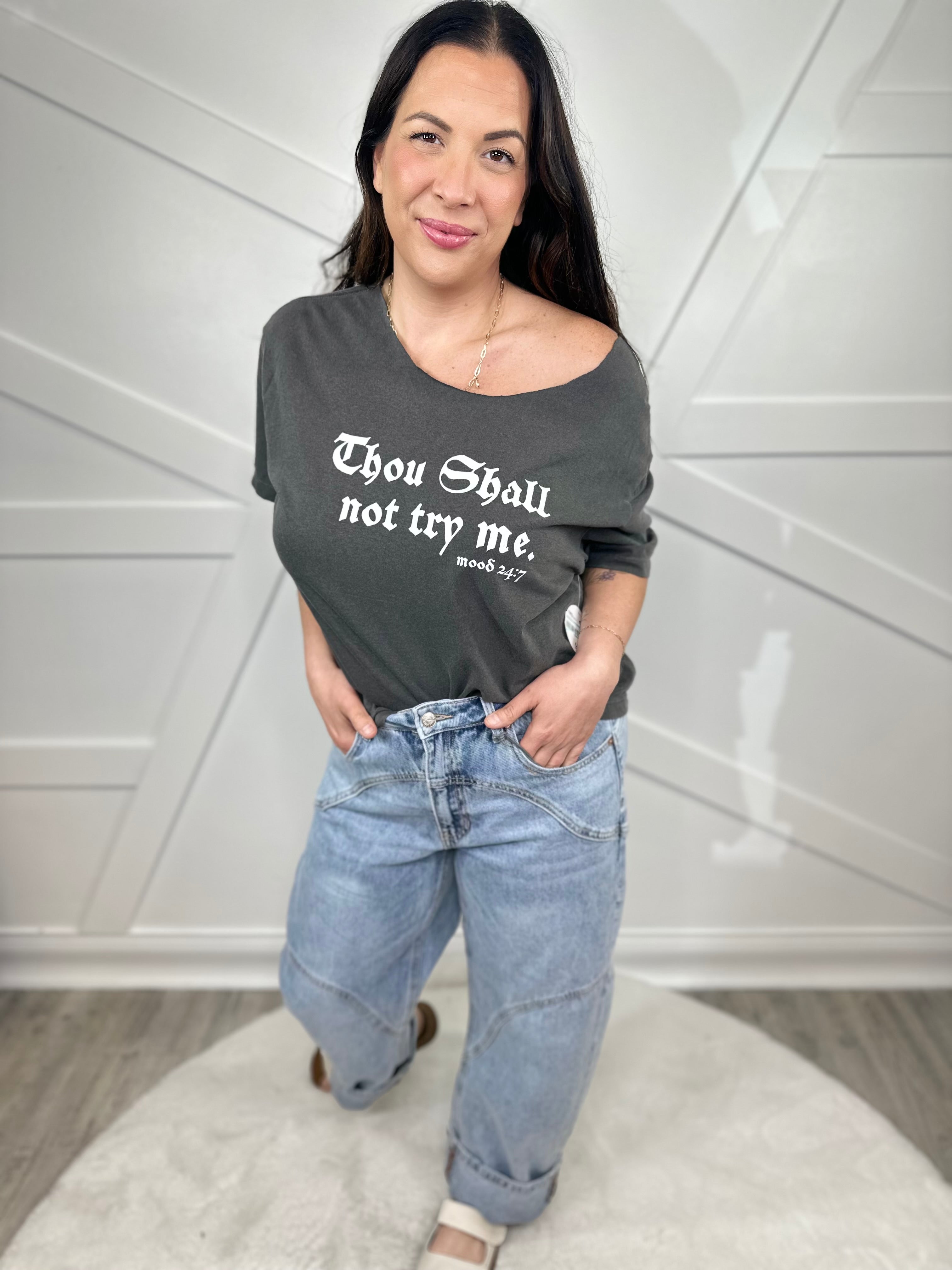 Thou Shall Not Try Me Graphic Tee-130 Graphic Tees-Heathered Boho-Heathered Boho Boutique, Women's Fashion and Accessories in Palmetto, FL