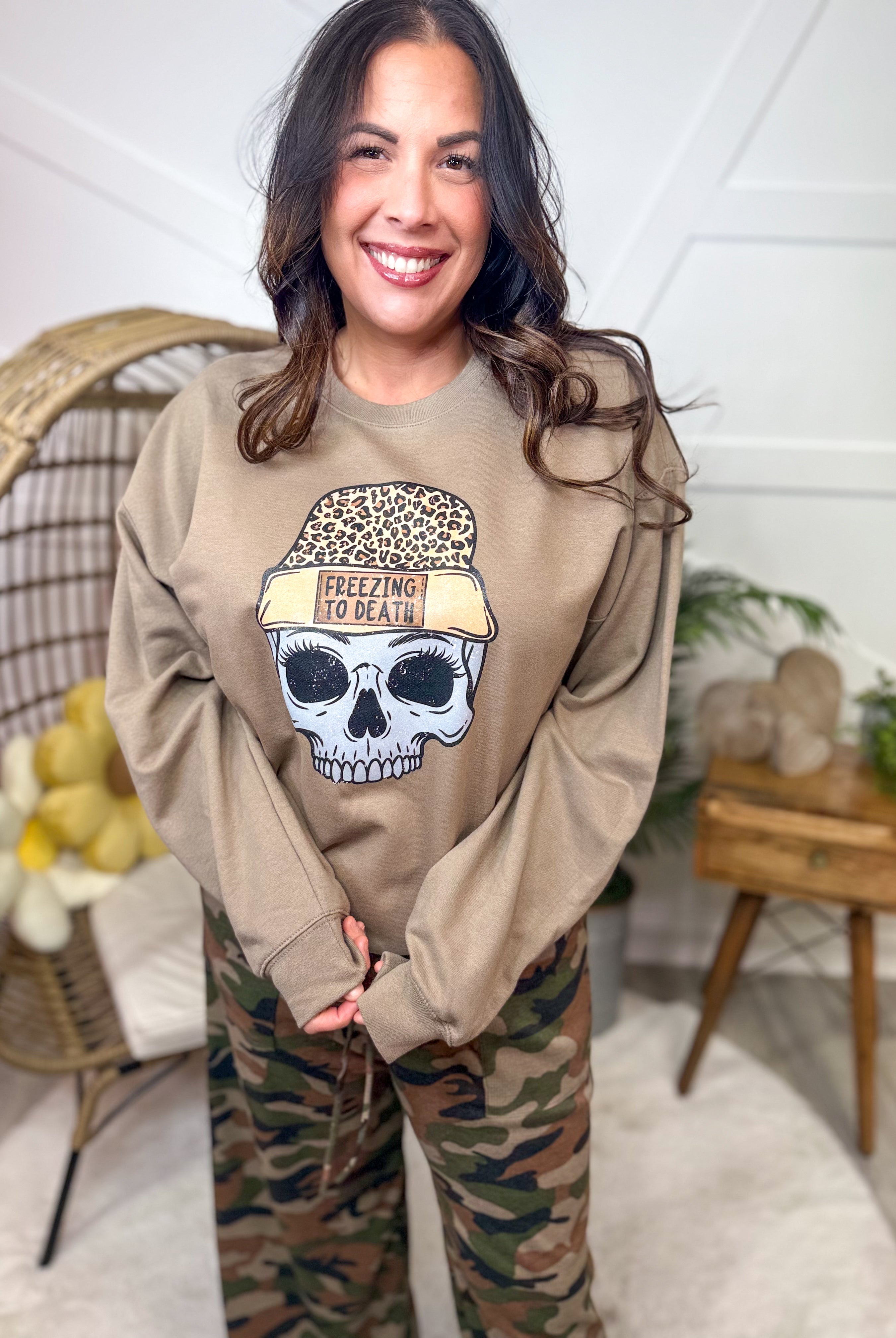 Freezing to Death Graphic Sweatshirt-130 Graphic Tees-Heathered Boho-Heathered Boho Boutique, Women's Fashion and Accessories in Palmetto, FL