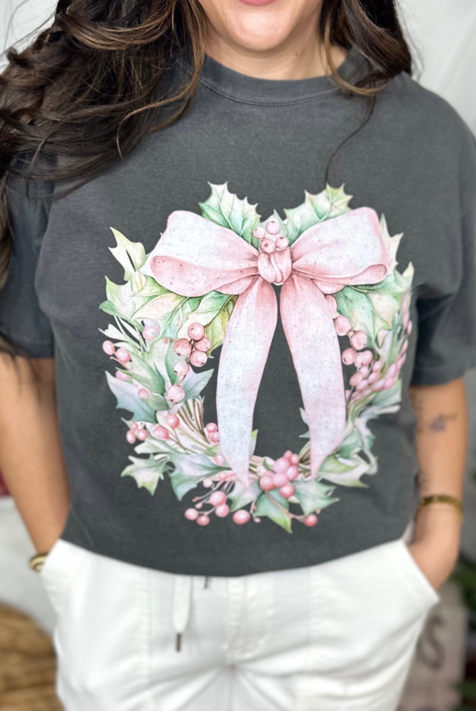 Pink Bow Wreath Graphic Tee-130 Graphic Tees-Heathered Boho-Heathered Boho Boutique, Women's Fashion and Accessories in Palmetto, FL