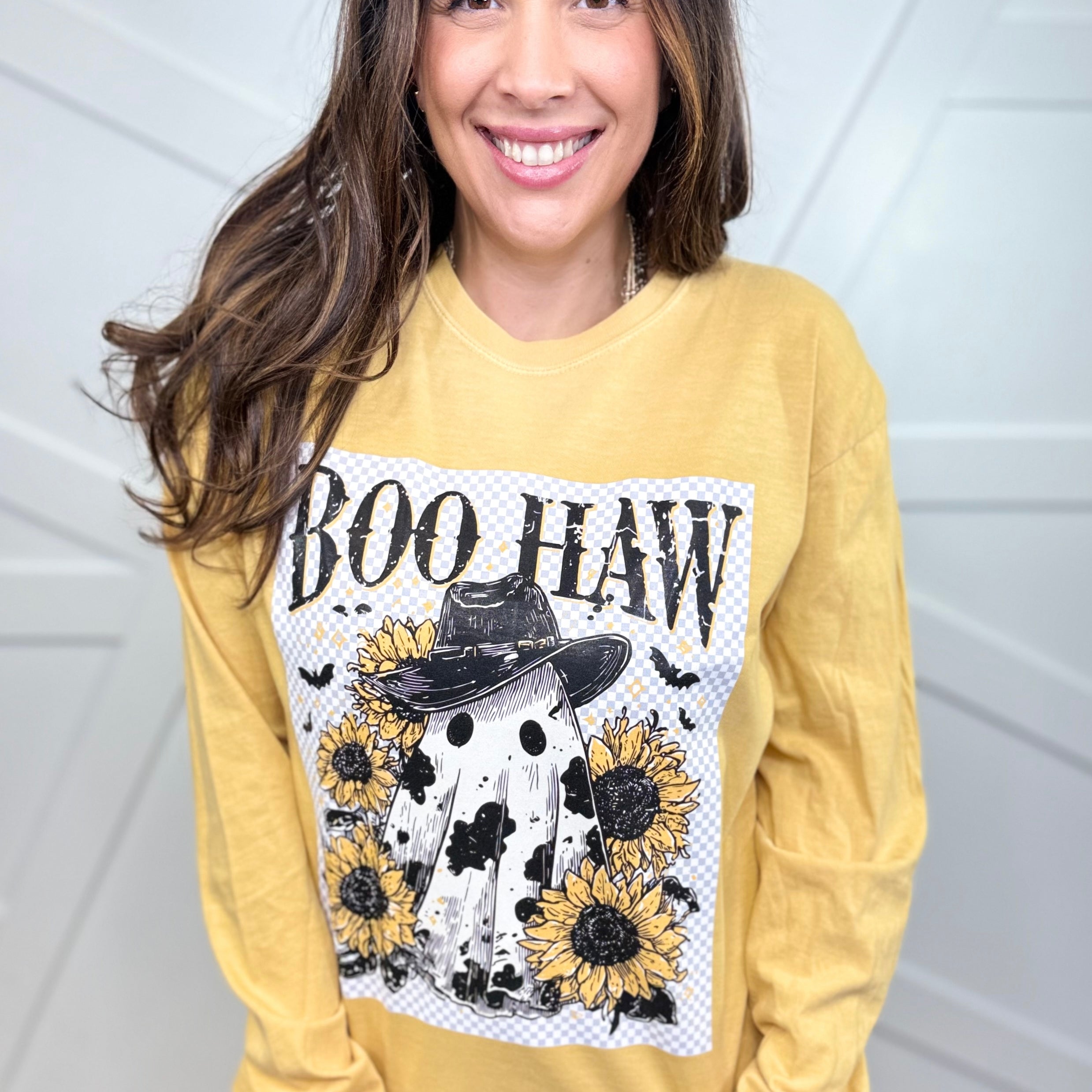 Boo Haw Graphic Long Sleeve-130 Graphic Tees-Heathered Boho-Heathered Boho Boutique, Women's Fashion and Accessories in Palmetto, FL