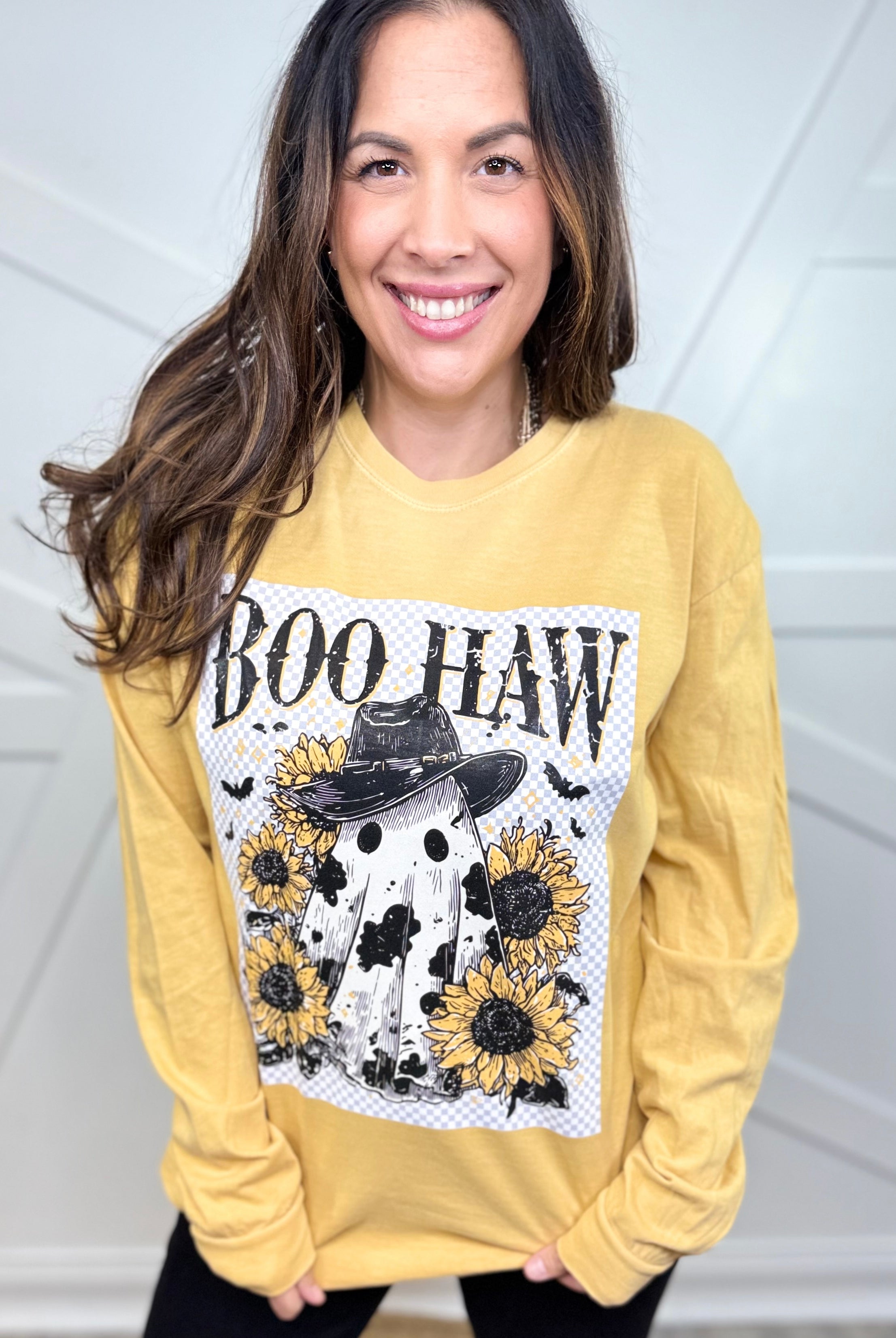 Boo Haw Graphic Long Sleeve-130 Graphic Tees-Heathered Boho-Heathered Boho Boutique, Women's Fashion and Accessories in Palmetto, FL