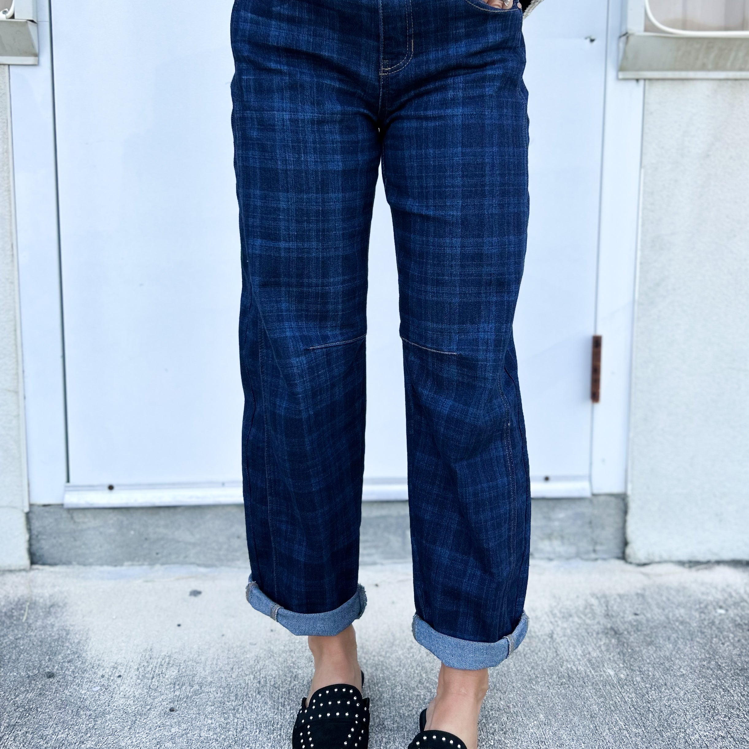 Midnight Plaid Cropped Barrel Jeans By Risen-190 JEANS-RISEN-Heathered Boho Boutique, Women's Fashion and Accessories in Palmetto, FL