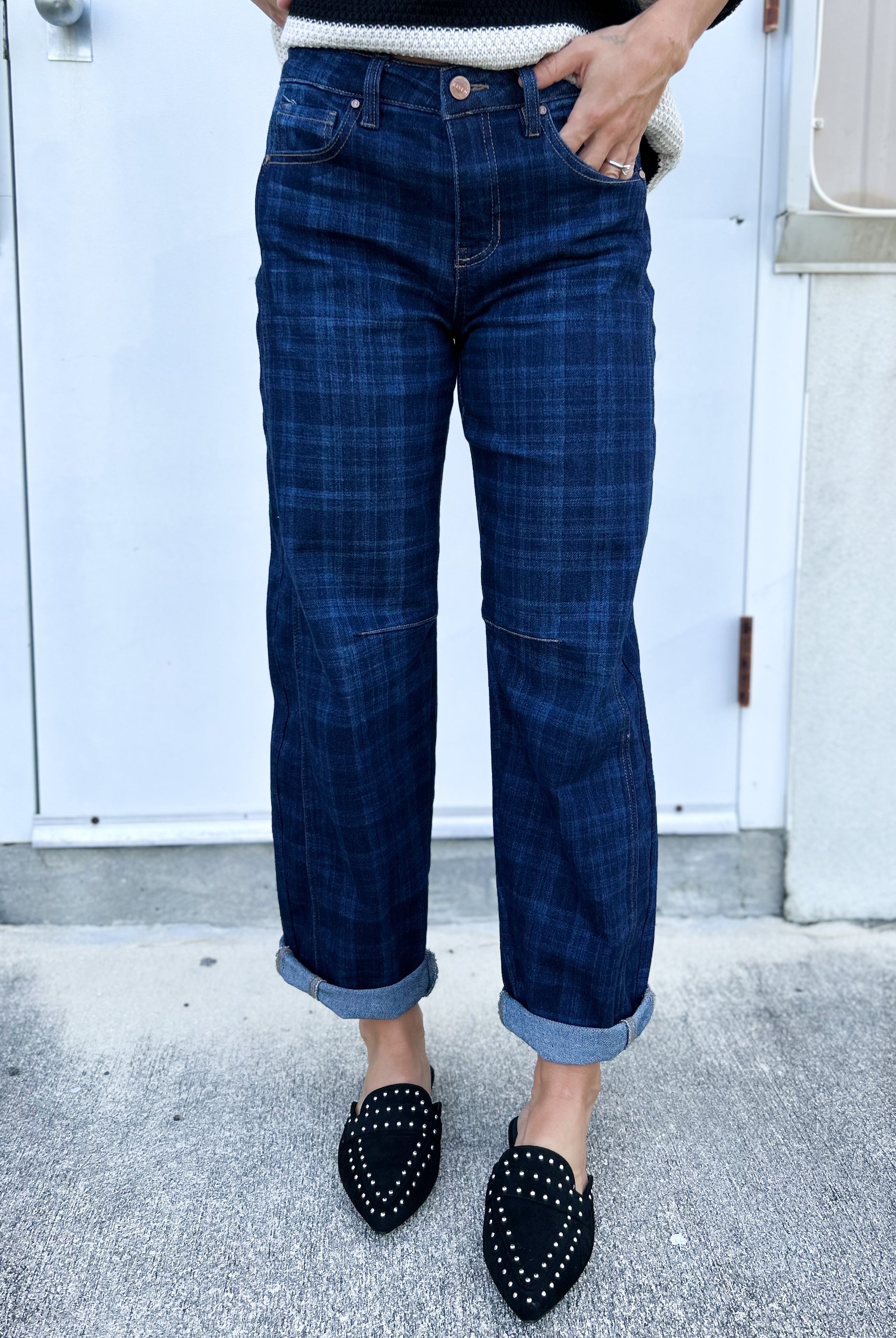 Midnight Plaid Cropped Barrel Jeans By Risen-190 JEANS-RISEN-Heathered Boho Boutique, Women's Fashion and Accessories in Palmetto, FL