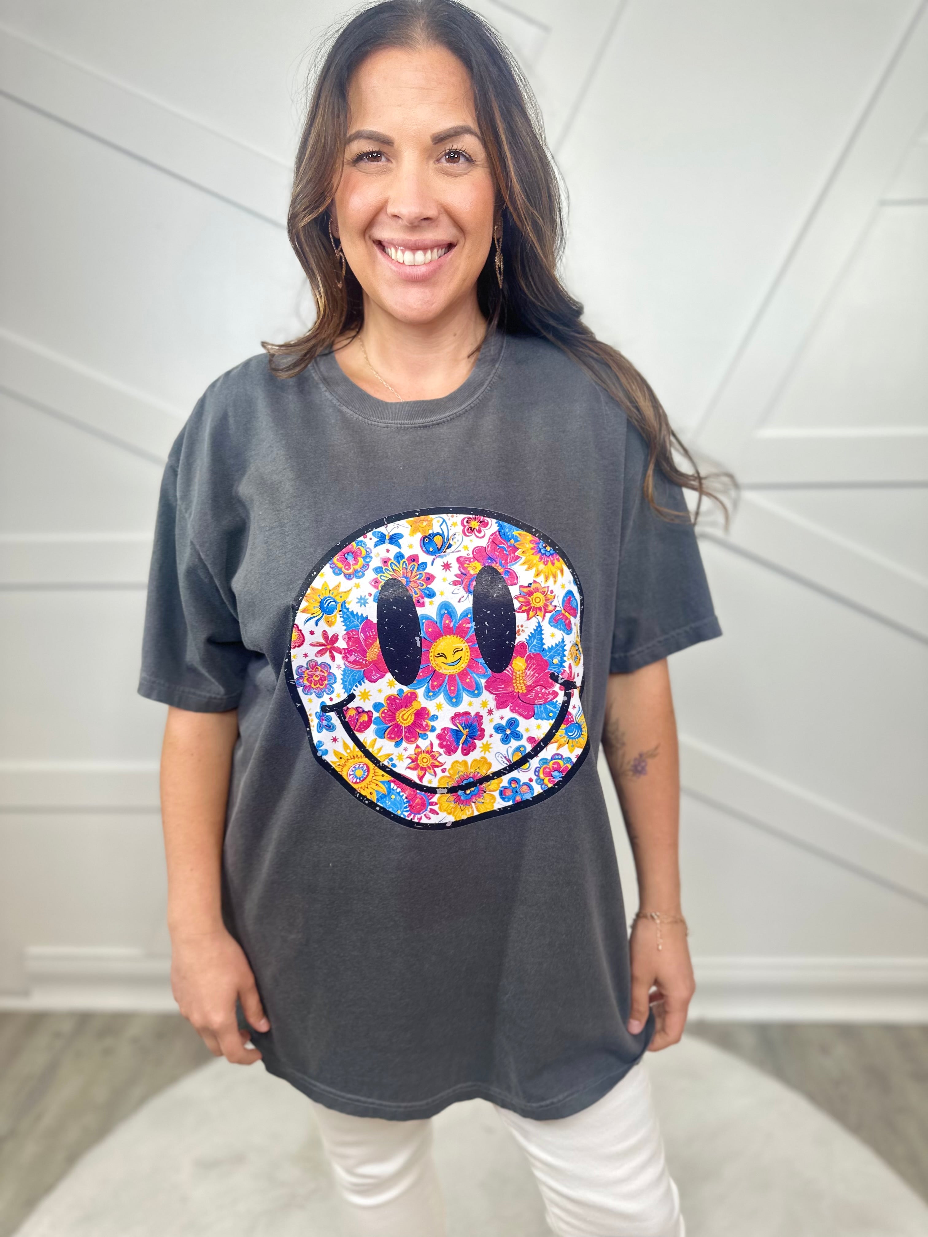 Summery Smiley Graphic Tee - Pepper-130 Graphic Tees-Heathered Boho-Heathered Boho Boutique, Women's Fashion and Accessories in Palmetto, FL