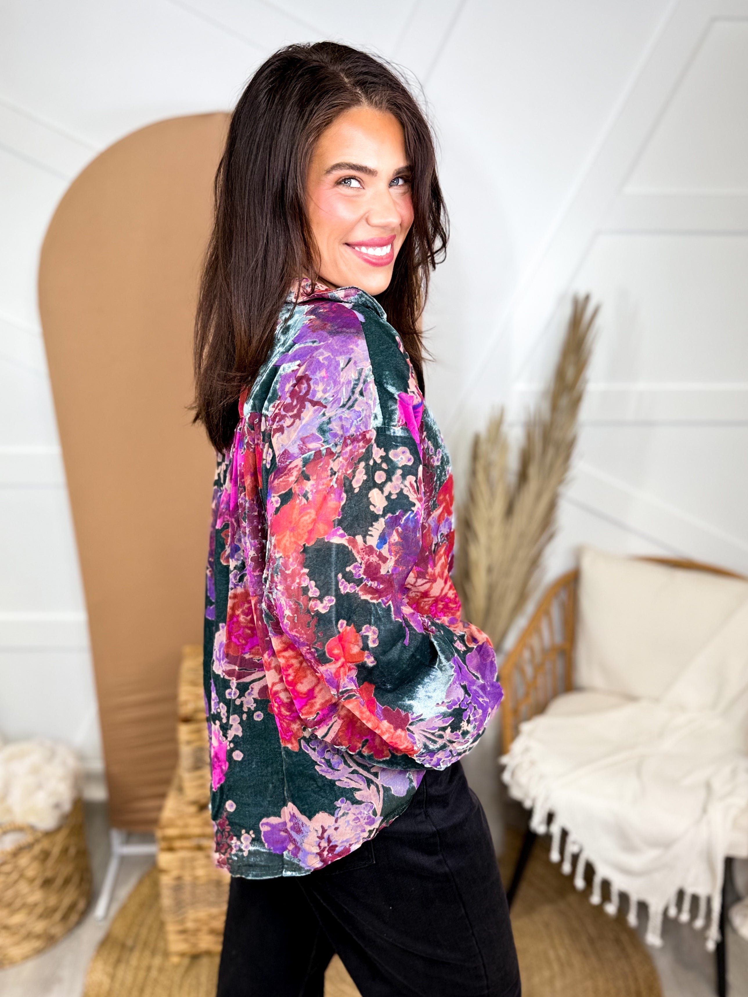 Royal Bloom Top-120 LONG SLEEVE TOPS-JODIFL-Heathered Boho Boutique, Women's Fashion and Accessories in Palmetto, FL