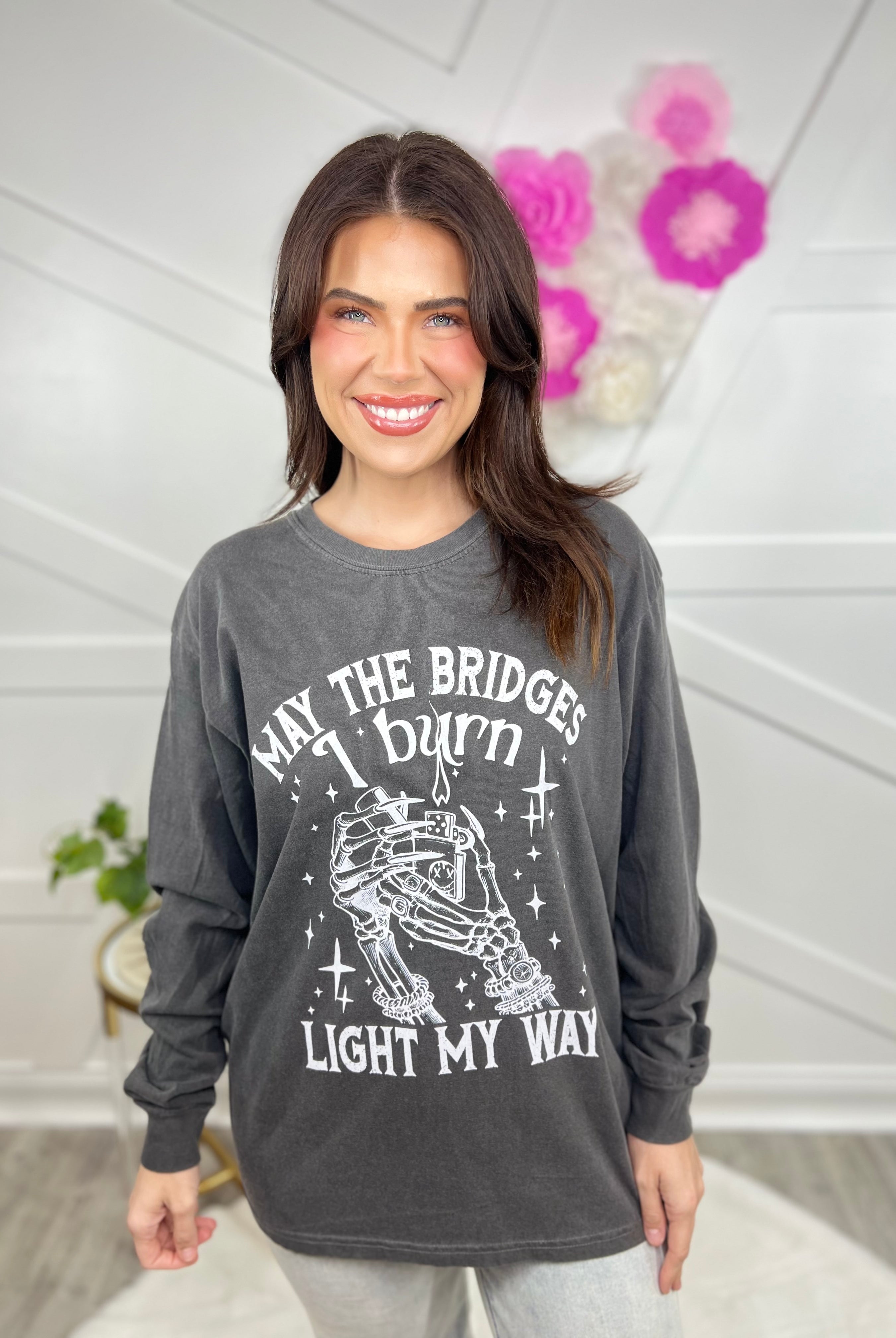 Bridges I Burn Graphic Long Sleeve - White-130 Graphic Tees-Heathered Boho-Heathered Boho Boutique, Women's Fashion and Accessories in Palmetto, FL