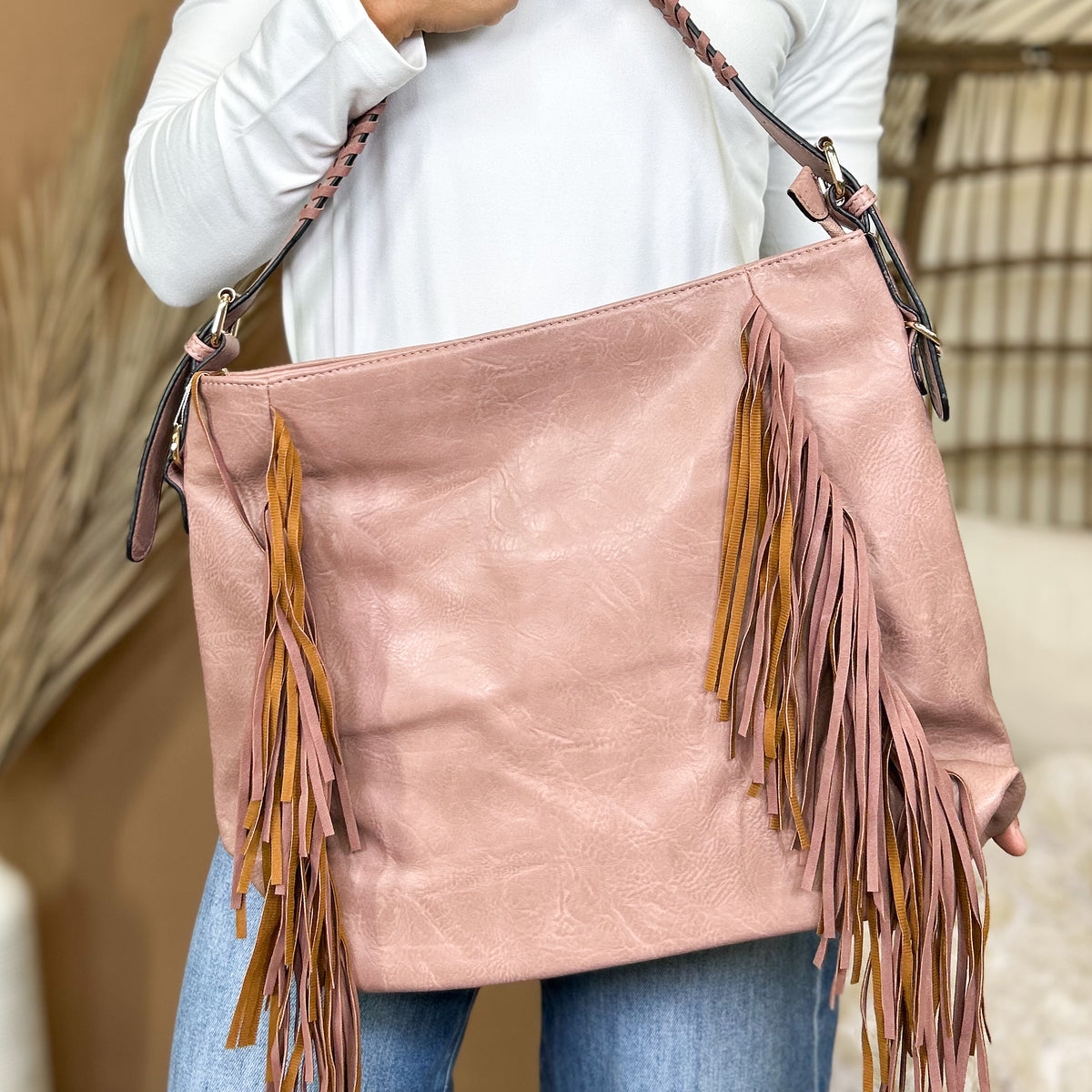 Sav Distressed Hobo Bag w/ Fringe Detail-320 Bags-Jen & Co.-Heathered Boho Boutique, Women's Fashion and Accessories in Palmetto, FL