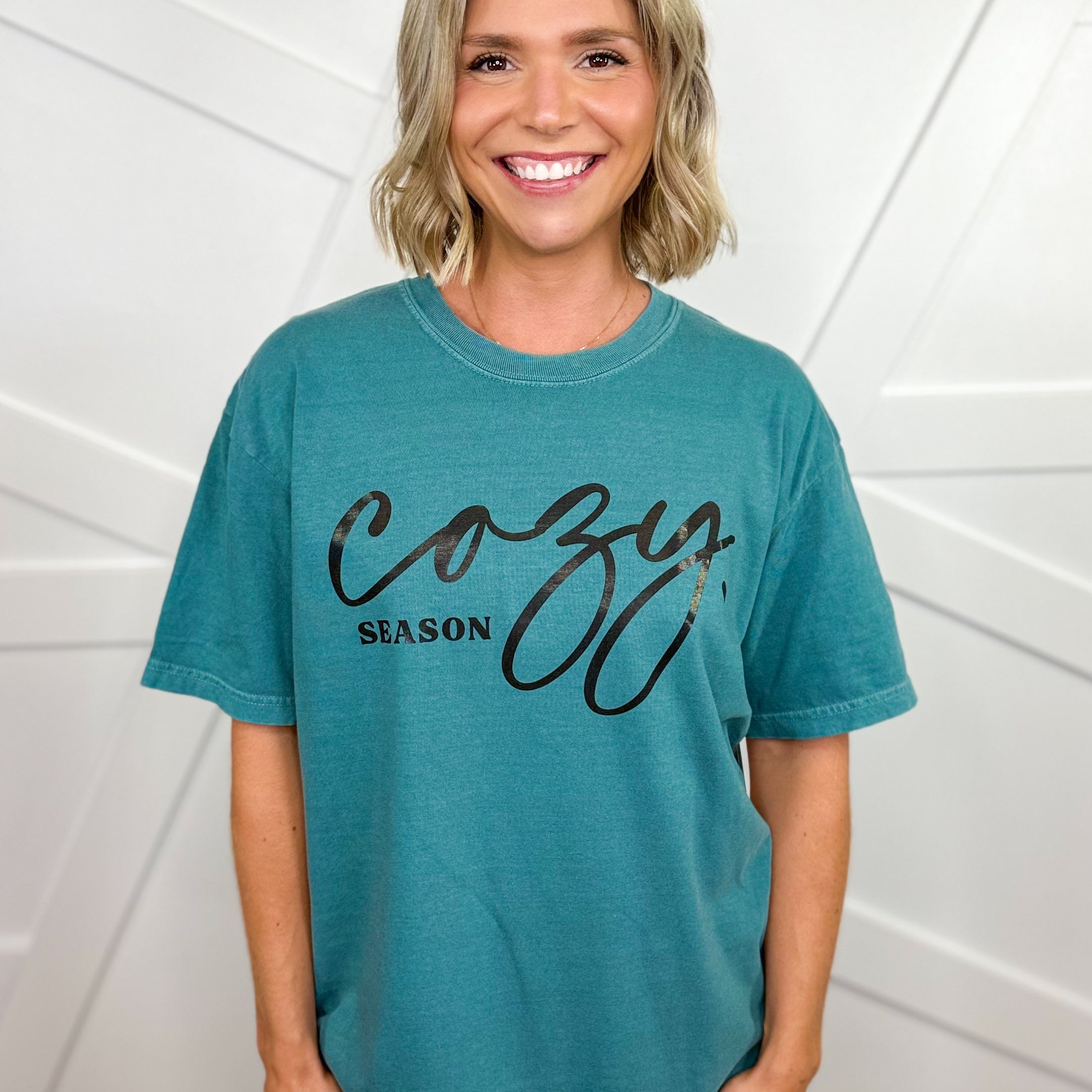 Cursive Cozy Season Graphic Tee - Emerald-130 Graphic Tees-Heathered Boho-Heathered Boho Boutique, Women's Fashion and Accessories in Palmetto, FL
