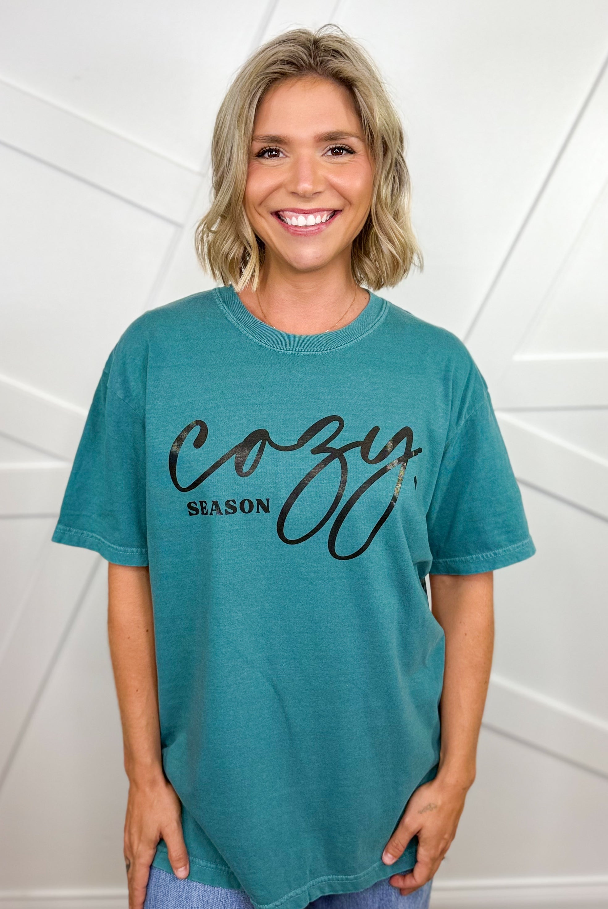 Cursive Cozy Season Graphic Tee - Emerald-130 Graphic Tees-Heathered Boho-Heathered Boho Boutique, Women's Fashion and Accessories in Palmetto, FL