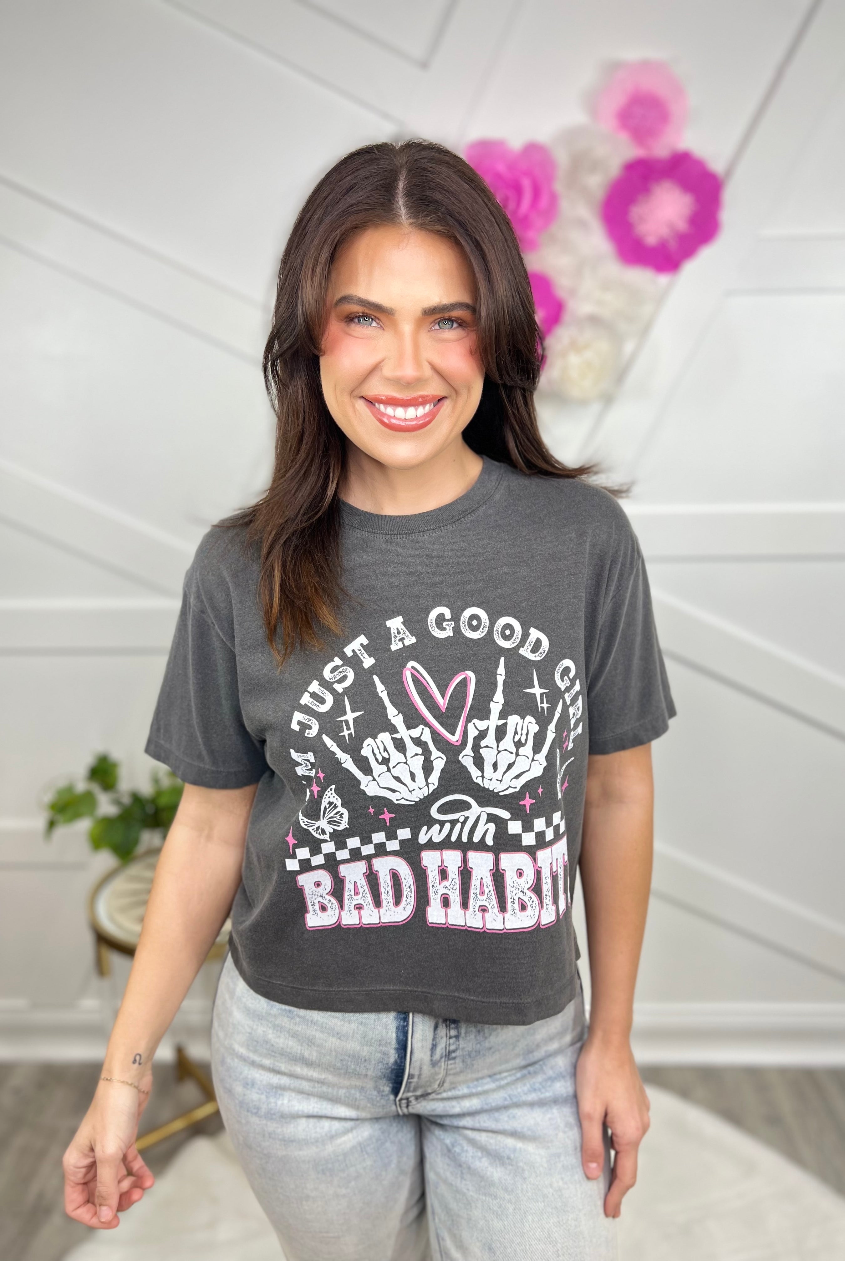 Good Girl Bad Habits Graphic Boxy Tee-130 Graphic Tees-Heathered Boho-Heathered Boho Boutique, Women's Fashion and Accessories in Palmetto, FL