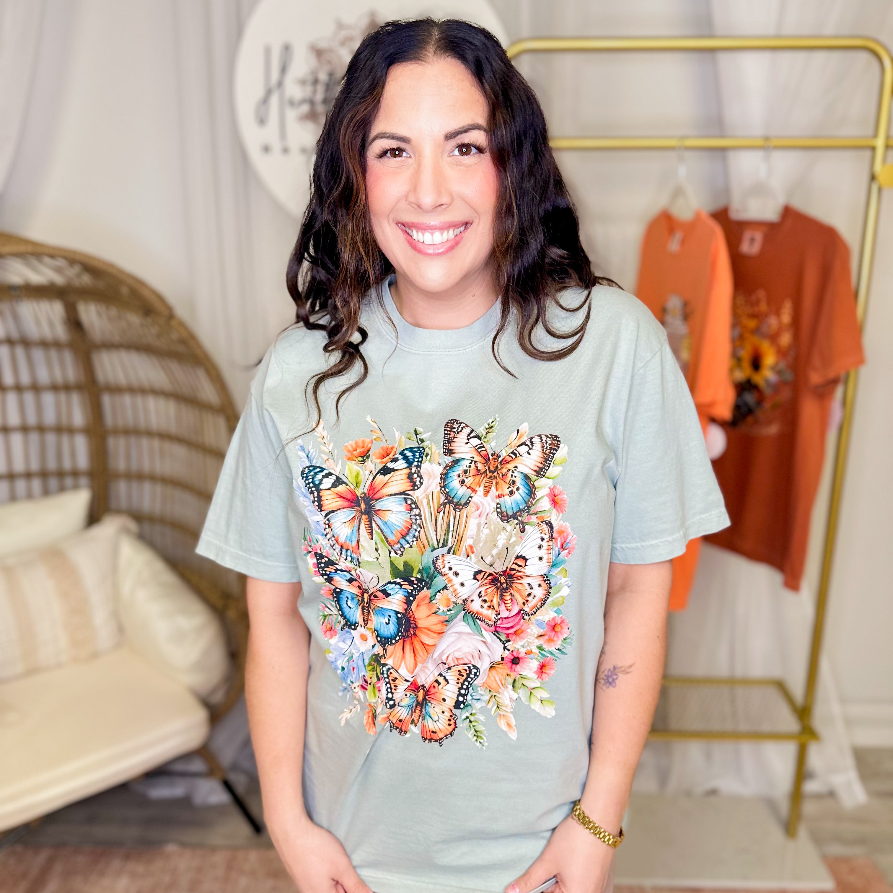 Butterfly Bouquet Graphic Tee-130 Graphic Tees-Heathered Boho-Heathered Boho Boutique, Women's Fashion and Accessories in Palmetto, FL
