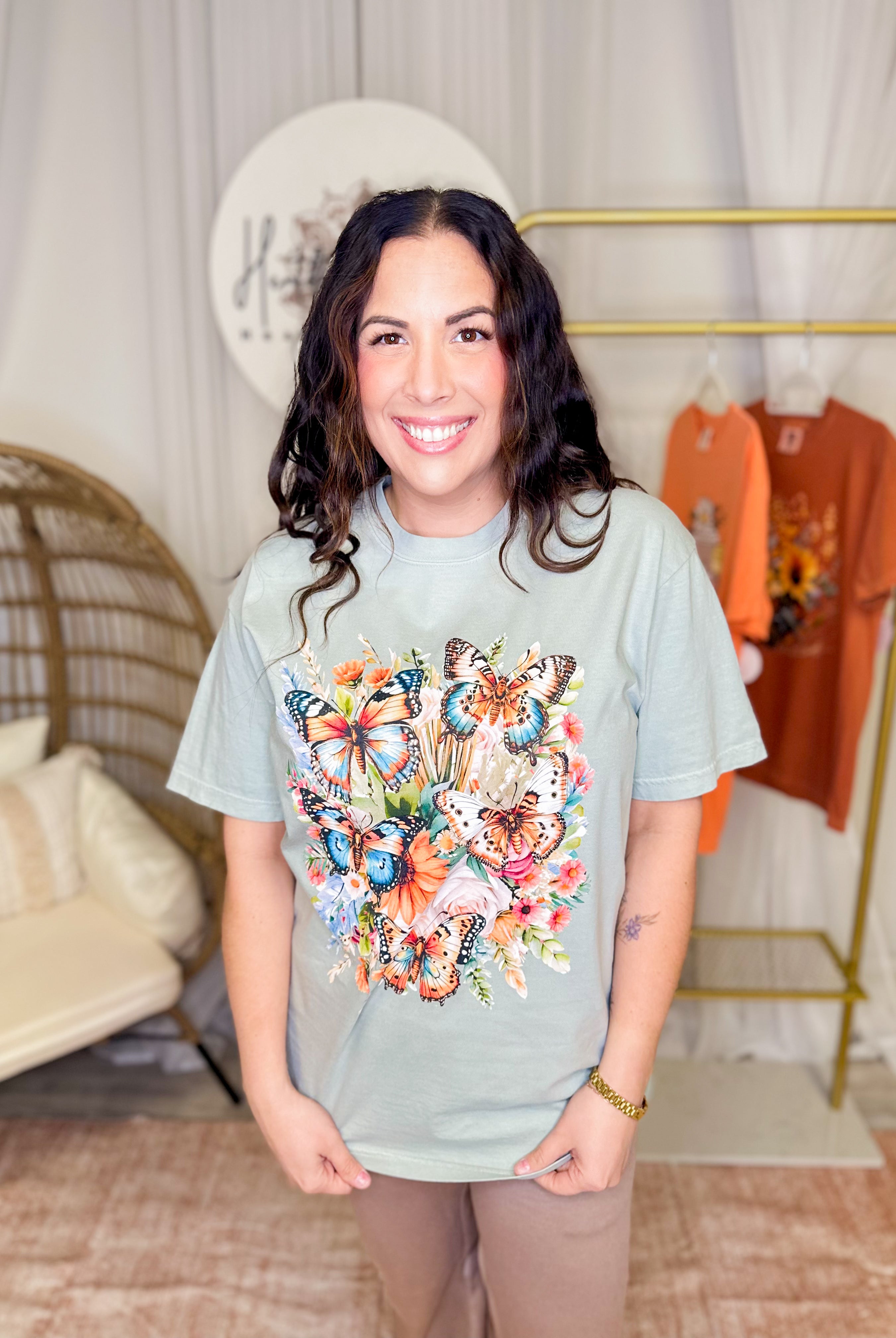 Butterfly Bouquet Graphic Tee-130 Graphic Tees-Heathered Boho-Heathered Boho Boutique, Women's Fashion and Accessories in Palmetto, FL