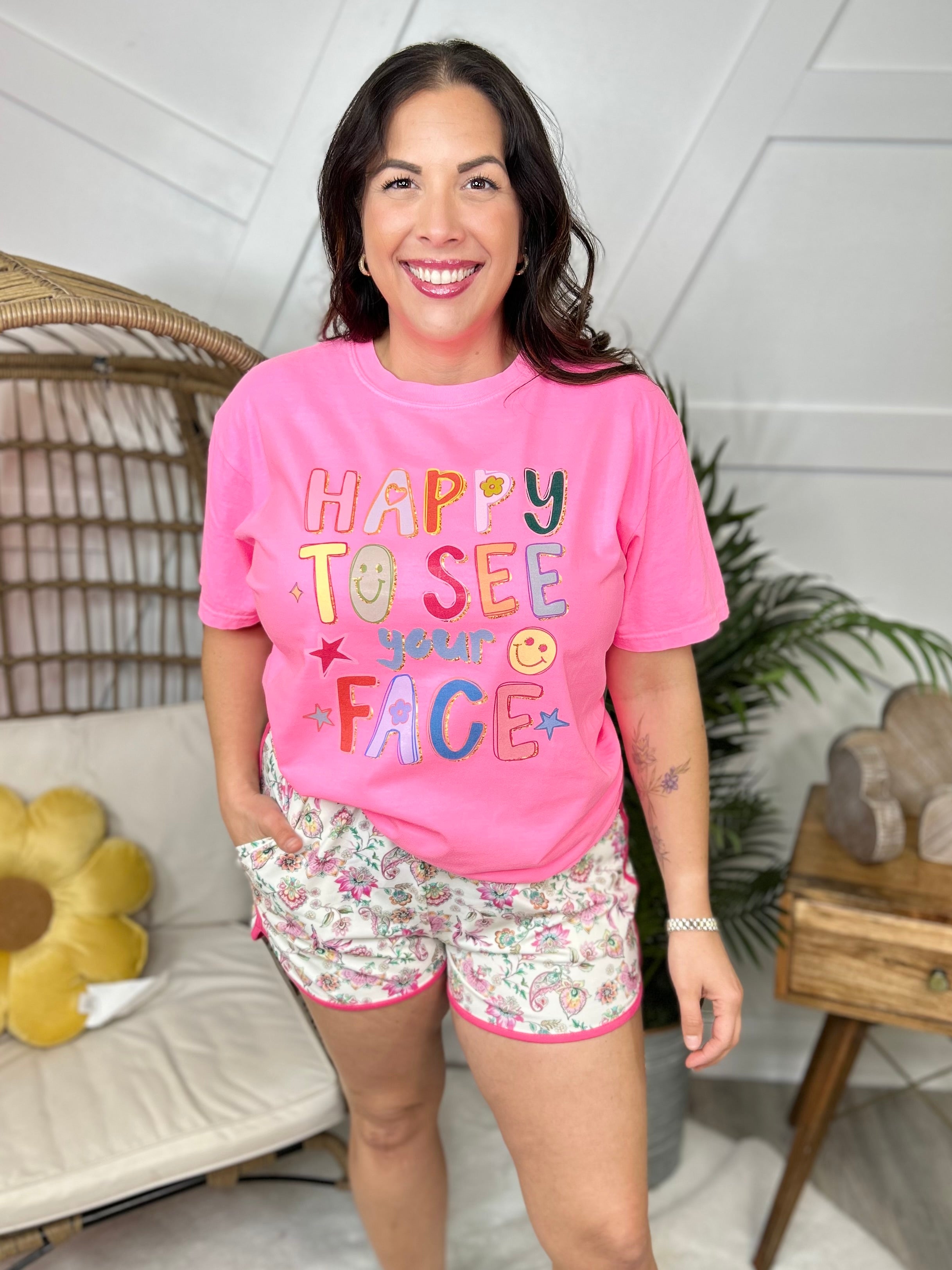 Happy To See Your Face Graphic Tee-Neon Pink-130 Graphic Tees-Heathered Boho-Heathered Boho Boutique, Women's Fashion and Accessories in Palmetto, FL