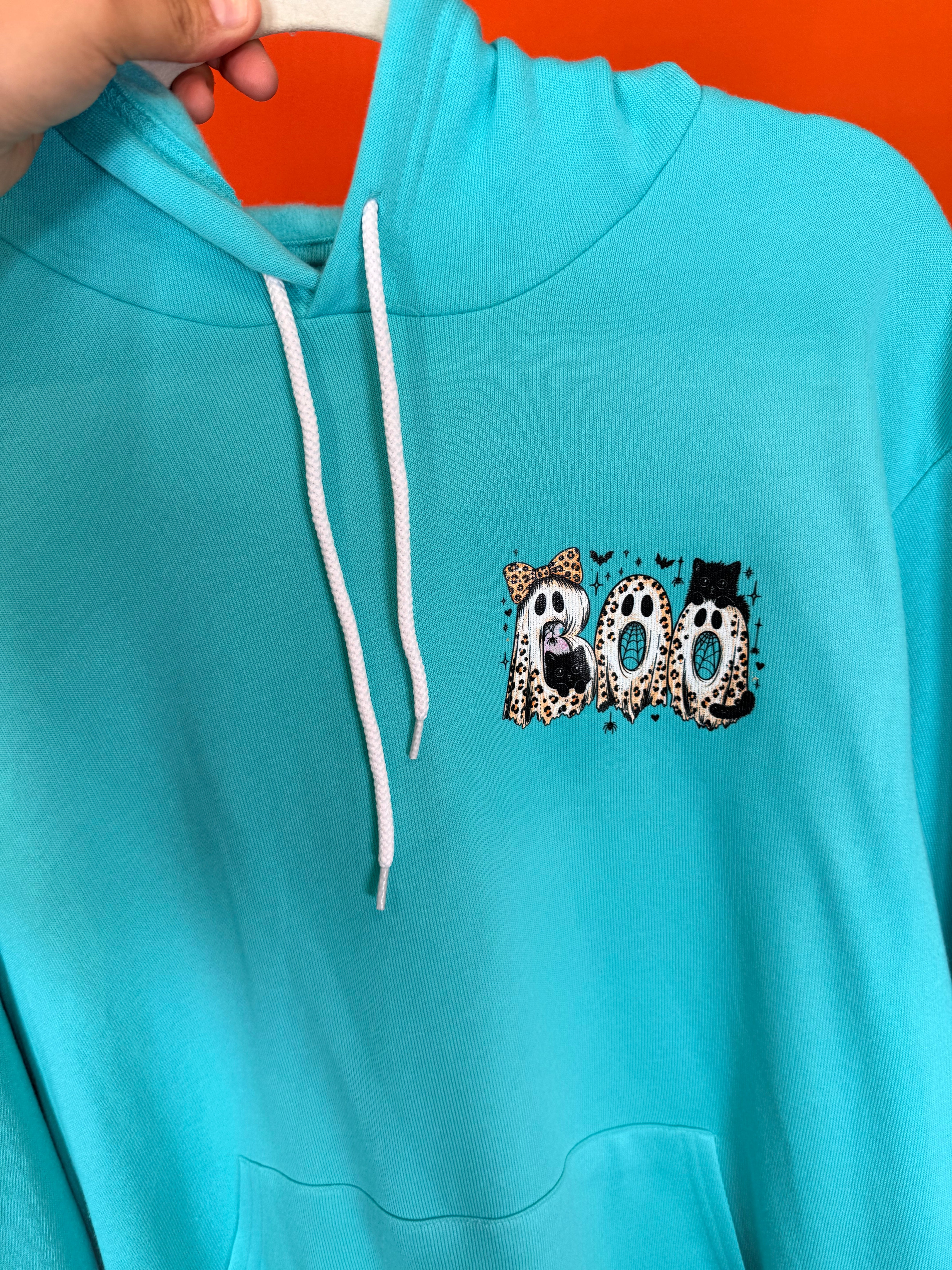 Leopard Ghost & Cat with Boo Pocket Graphic Hoodie-210 Hoodies-Heathered Boho-Heathered Boho Boutique, Women's Fashion and Accessories in Palmetto, FL