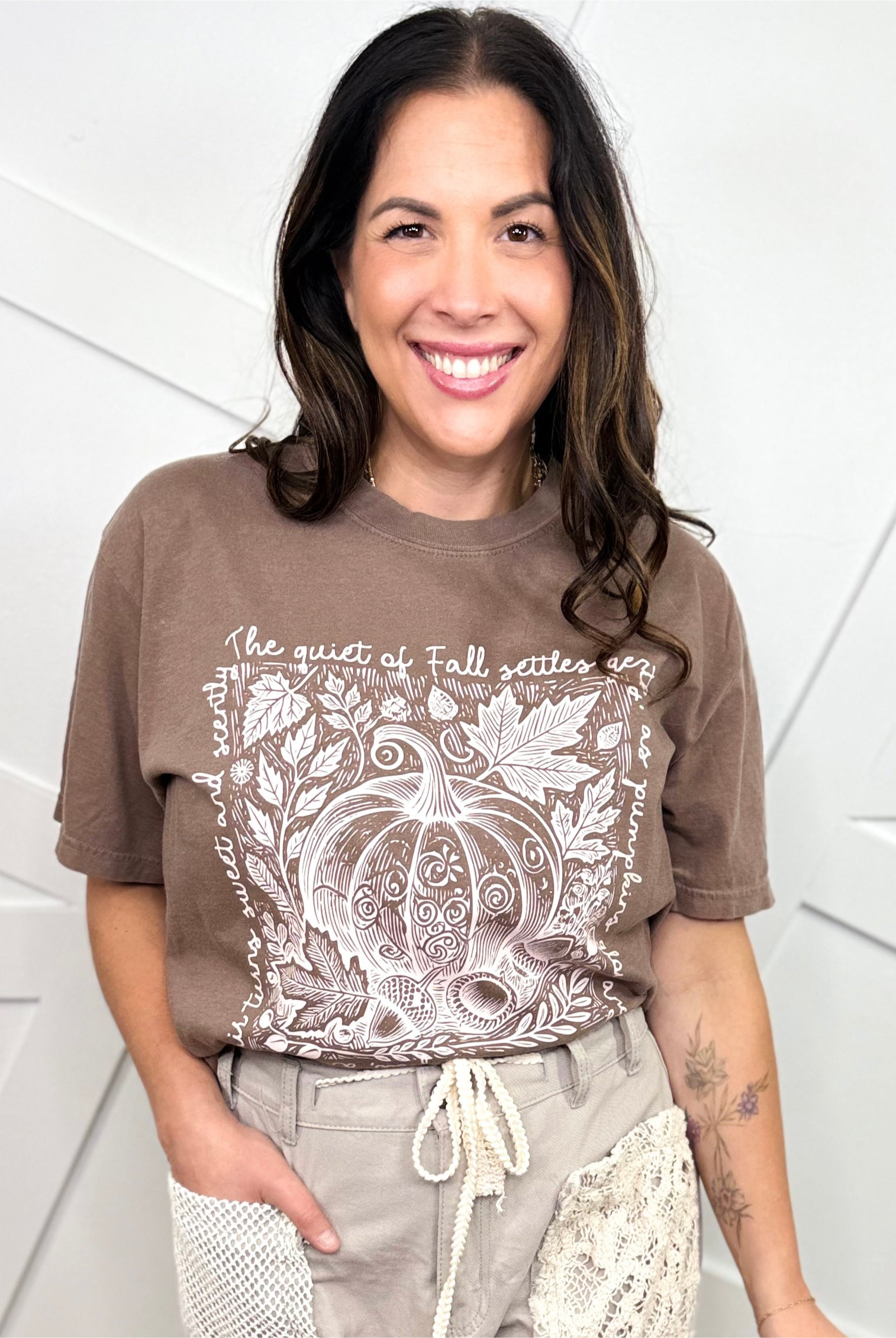 Pumpkin Sketch (Cream Text) Graphic Tee-130 Graphic Tees-Heathered Boho-Heathered Boho Boutique, Women's Fashion and Accessories in Palmetto, FL