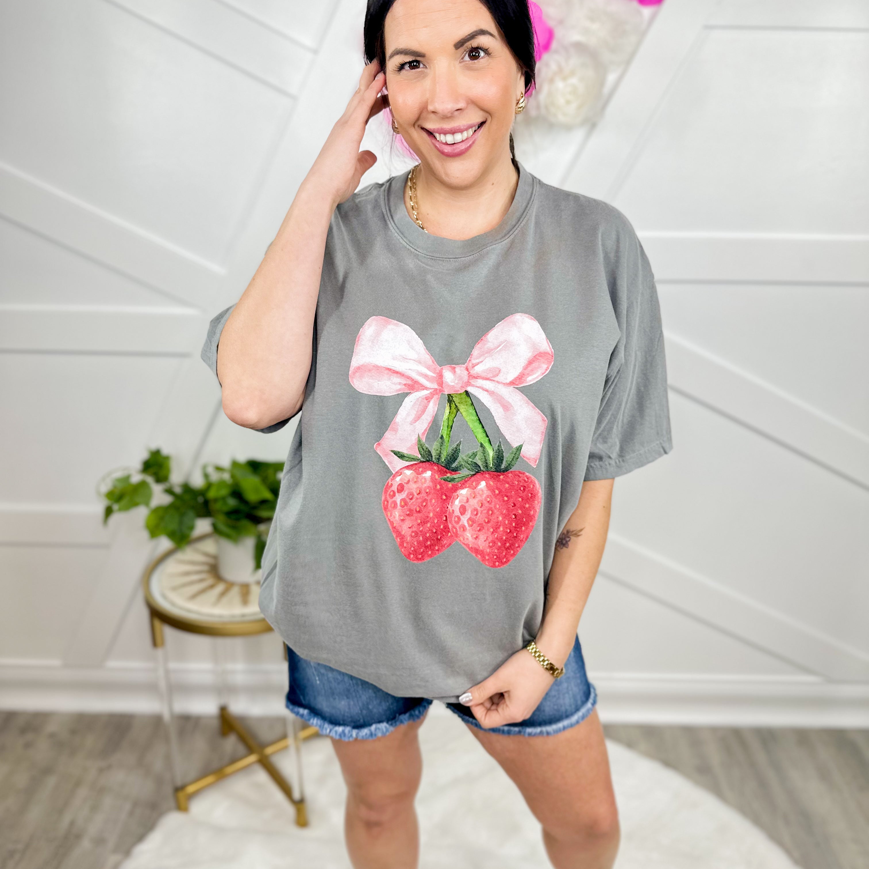Strawberry Bow Graphic Tee-130 Graphic Tees-Heathered Boho-Heathered Boho Boutique, Women's Fashion and Accessories in Palmetto, FL