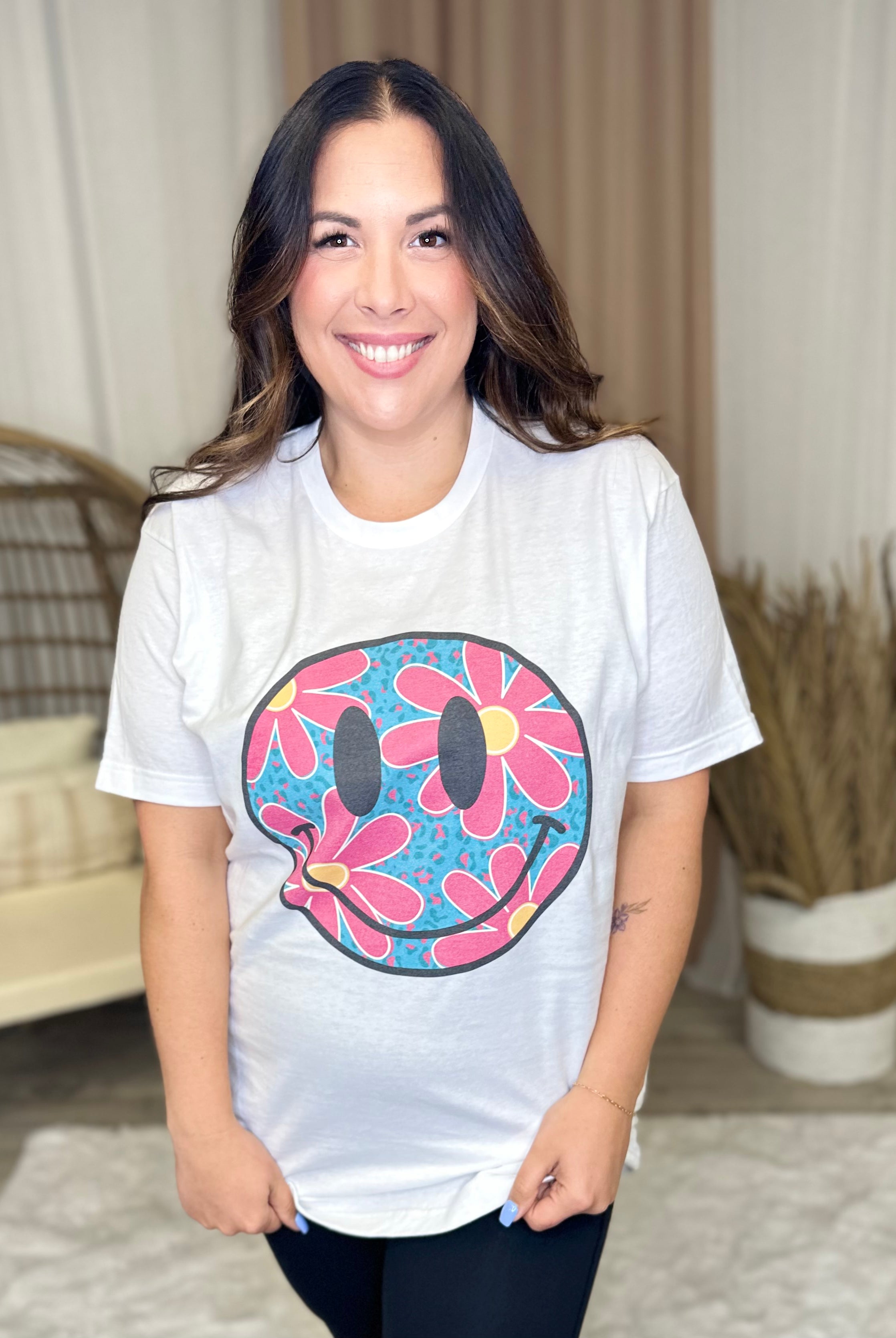 Pink Daisy Smiley Graphic Tee-130 Graphic Tees-Heathered Boho-Heathered Boho Boutique, Women's Fashion and Accessories in Palmetto, FL