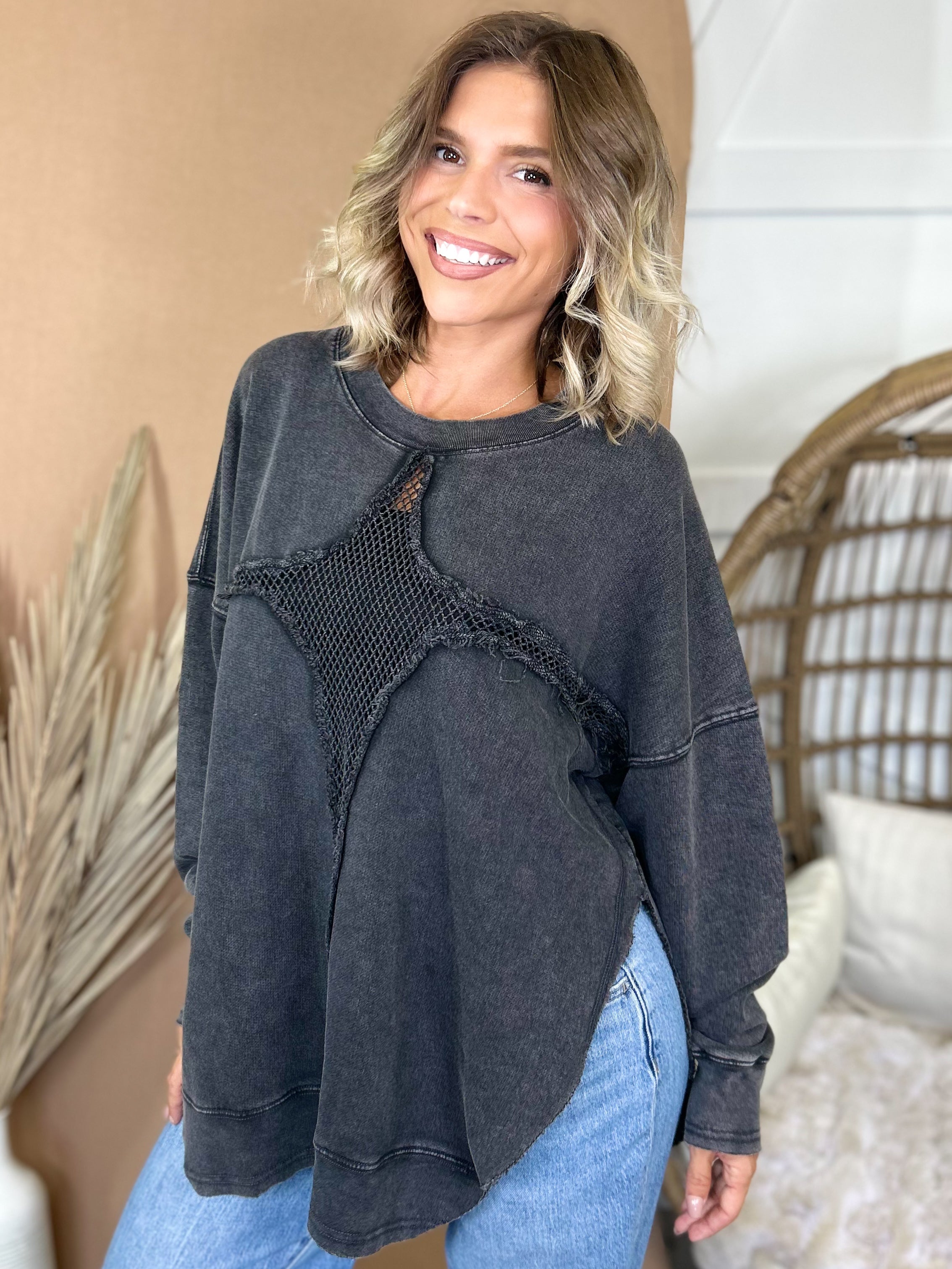 Against The Grain Mesh Sweatshirt-125 SWEATER-Pebby Forevee-Heathered Boho Boutique, Women's Fashion and Accessories in Palmetto, FL
