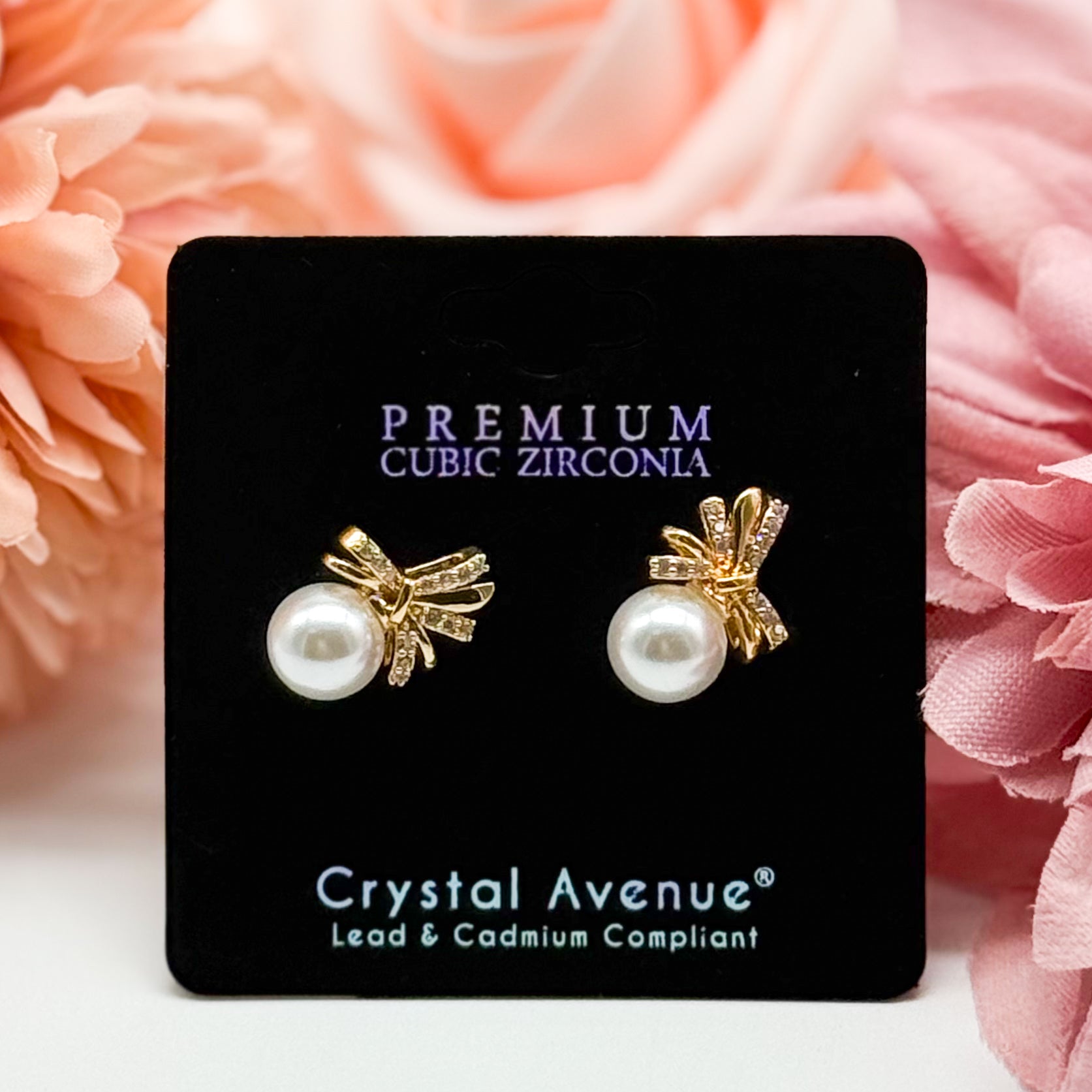CZ Bow Pearl Stud Earring-310 Jewelry-RM Manufacturing-Heathered Boho Boutique, Women's Fashion and Accessories in Palmetto, FL